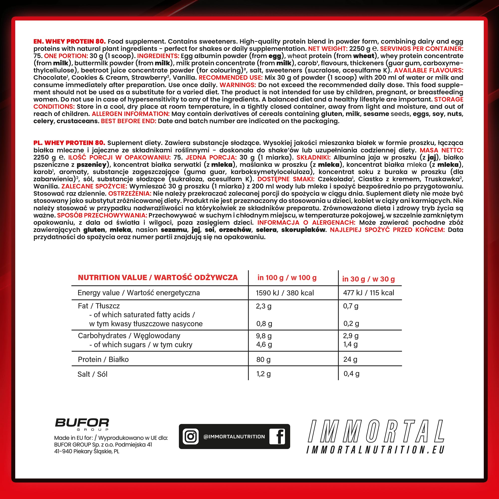 IMMORTAL NUTRITION Białko serwatkowe w proszku 2250 g - 80% białka na porcję Multi Protein z białkiem serwatkowym, jajecznym, mlecznym i pszennym - 24 g białka na porcję – Wanilia