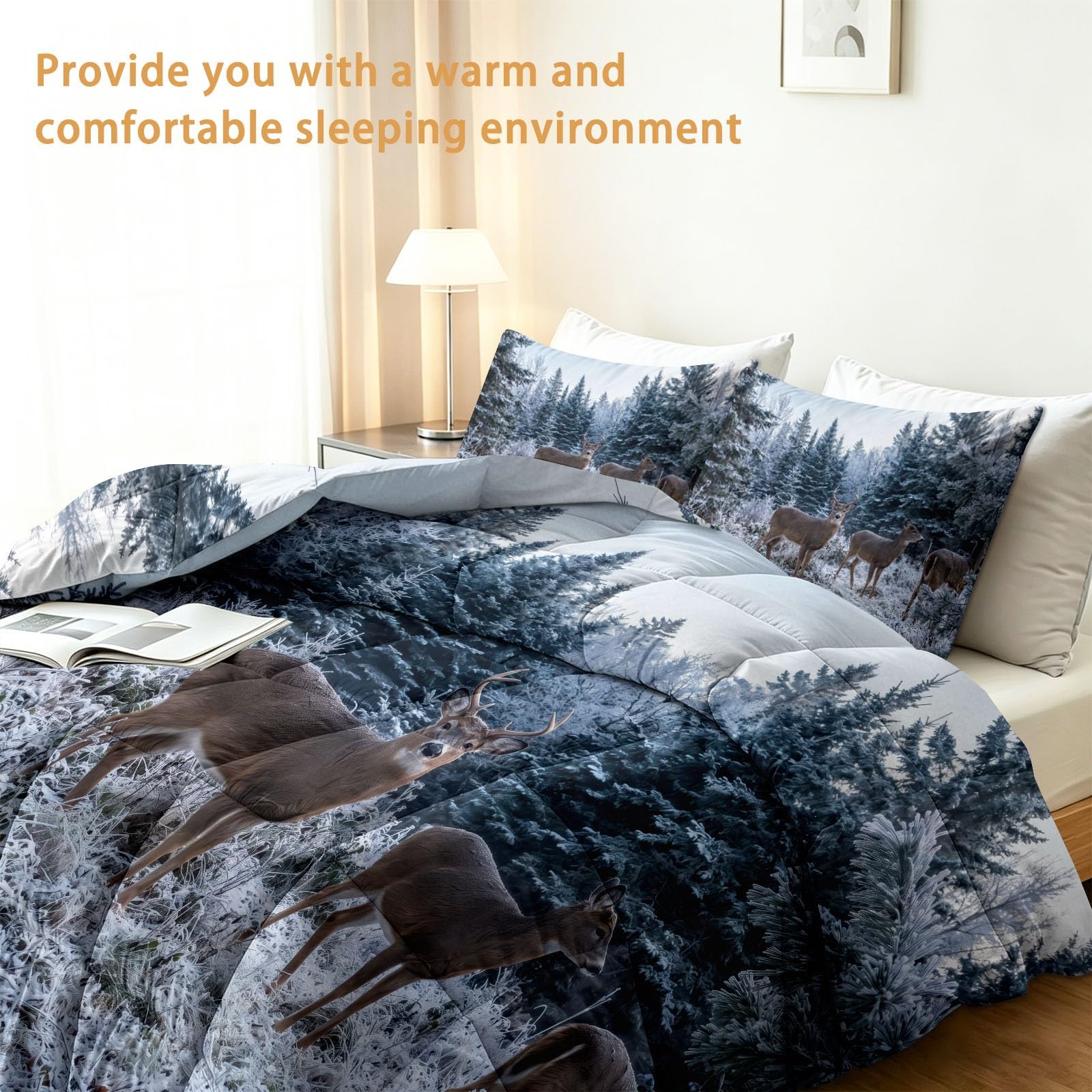 Edredón sin funda de edredón individual de 4,5 tog, 135 x 200 cm, acolchado natural de verano, rebaño de ciervos y paisaje de invierno, manta reversible de paisaje de animales para habitación de