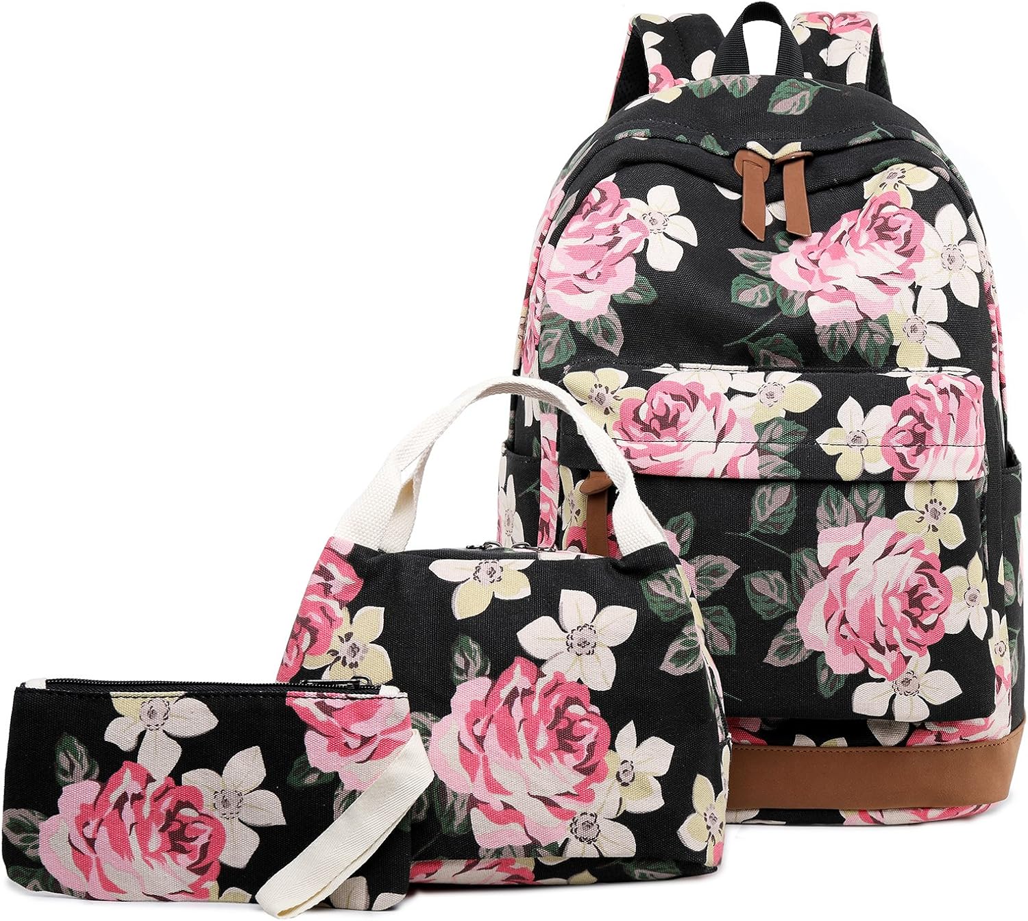 Abshoo Canvas Dot Backpack Cute Teen Girls Backpacks Set 3 Pcs School Bookbags Floral Black