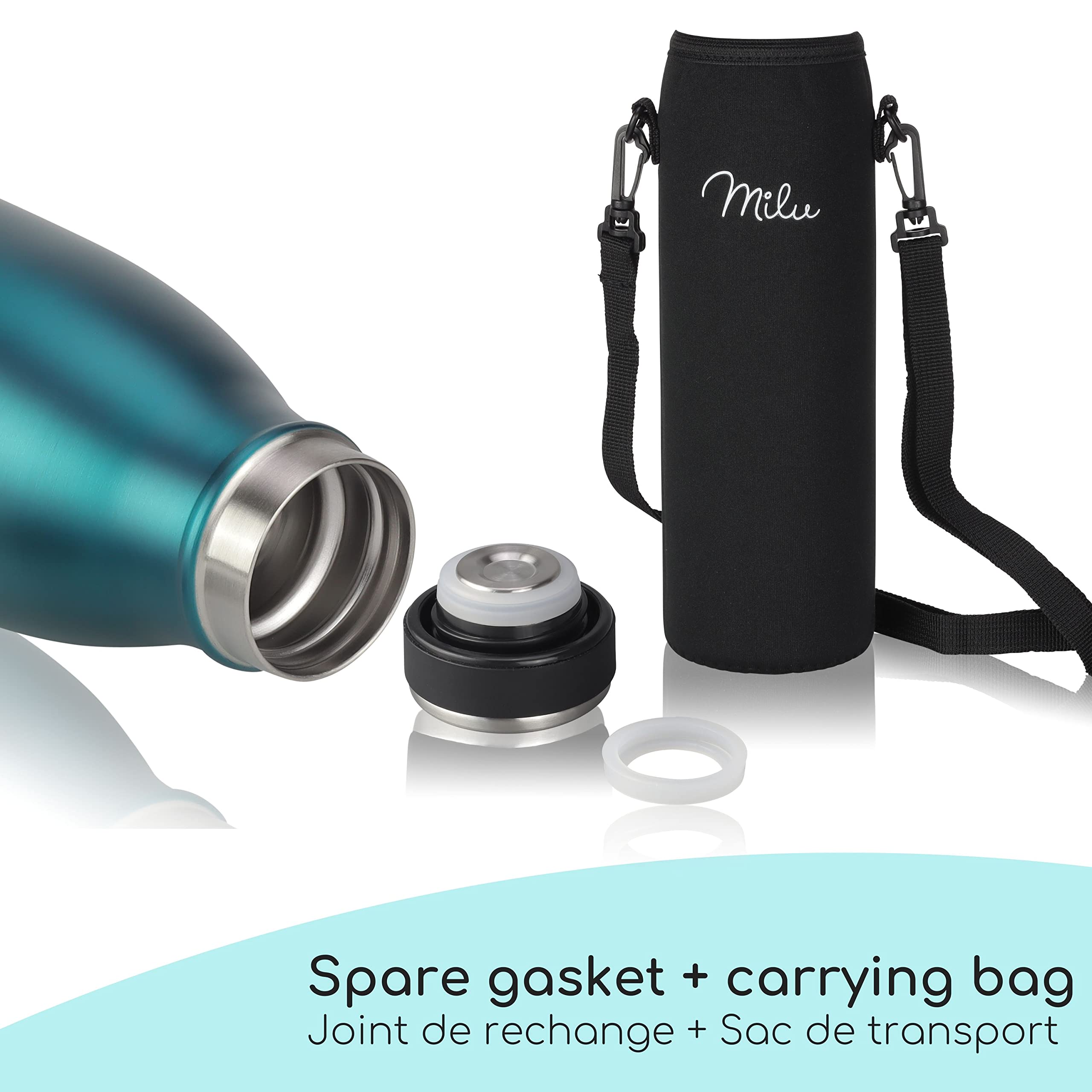 Milu Gourde en acier inoxydable 350 ml 500 ml, 750 ml, 1000 ml, 1,5 l – Bouteille isotherme, bouteille d'eau isolée, double paroi anti-fuite, convient aux acides carboniques (Vert, 500ml) - 5