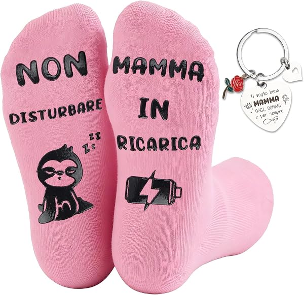 Walkinbear Festa Della Mamma Idee Regalo Set- Calzini Antiscivolo con Frasi Simpatiche e Portachiavi Inciso, Idea Regalo Festa Della Mamma, Compleanno O Anniversario per Moglie Nonna Sorella Amica - 1