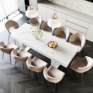 STHOUYN White Marble Extendable Dining Table for 6-10, 70.9-86.6" Expandable Rectangle Kitchen Dinner Table, Modern Retractable Design