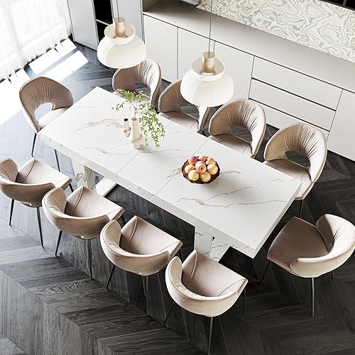 STHOUYN White Marble Extendable Dining Room Table for 8 10, 70.9" (86.6") x 31.5", Rectangle Dinner Table for 6-10, Modern Expandable Retractable Kitchen Table (White)