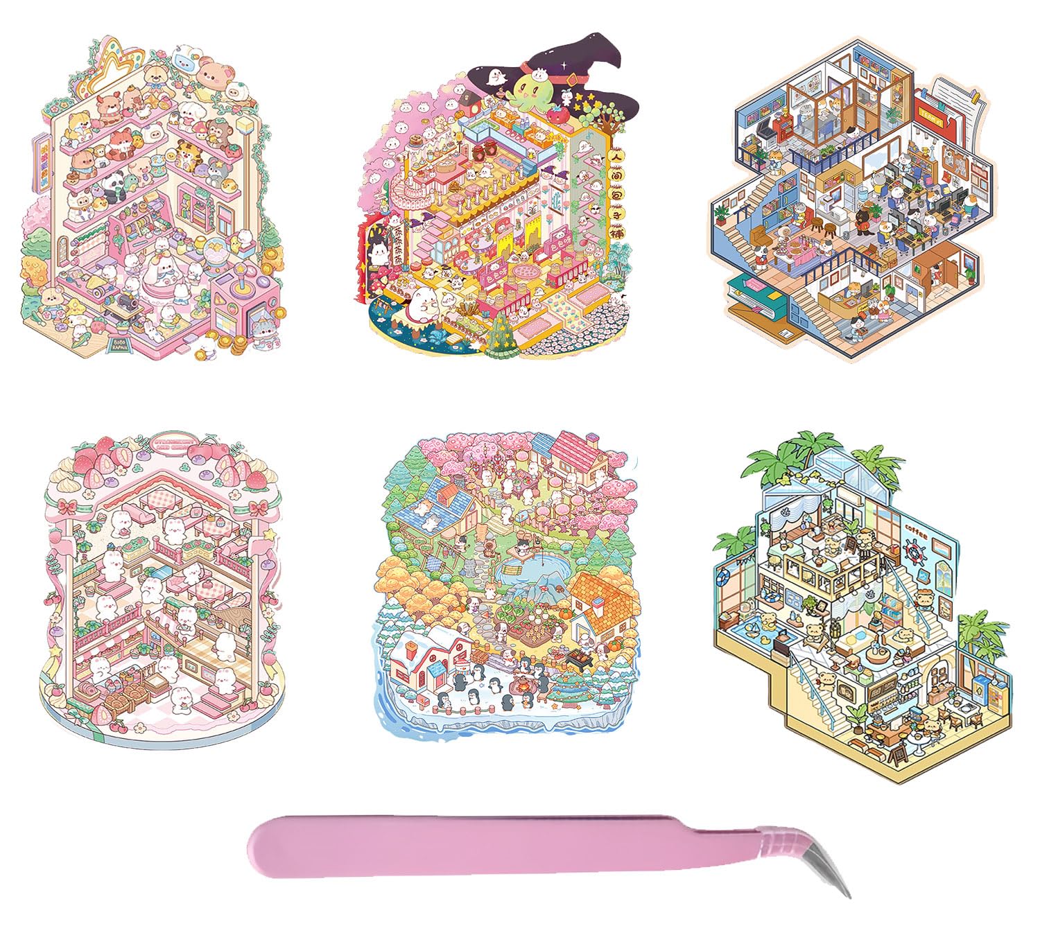 6 Sets DIY 3D House Stickers Kit Non-Toxic & Safe Fun DIY 3D Sticker Scene for Girls and Kids Make Your Own Coffee House,Cake Shop,Vending Machine Therapy for Adult Relief Stress Pass The Time