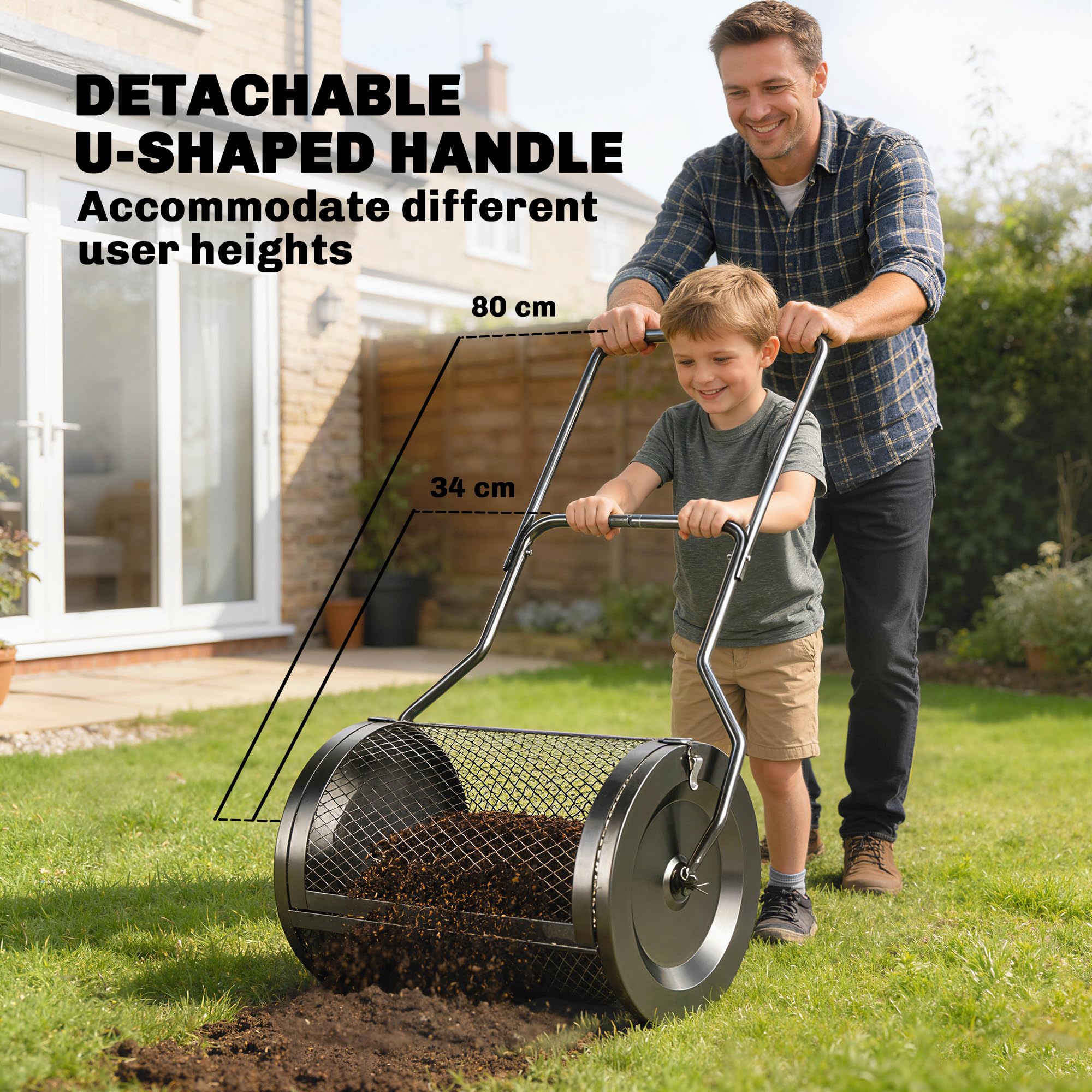 Outsunny Esparcidor de compost y turba 20" cesta malla metálica Negro | Mango en U desmontable de 34/80 cm, para siembra y esparcimiento de estiércol