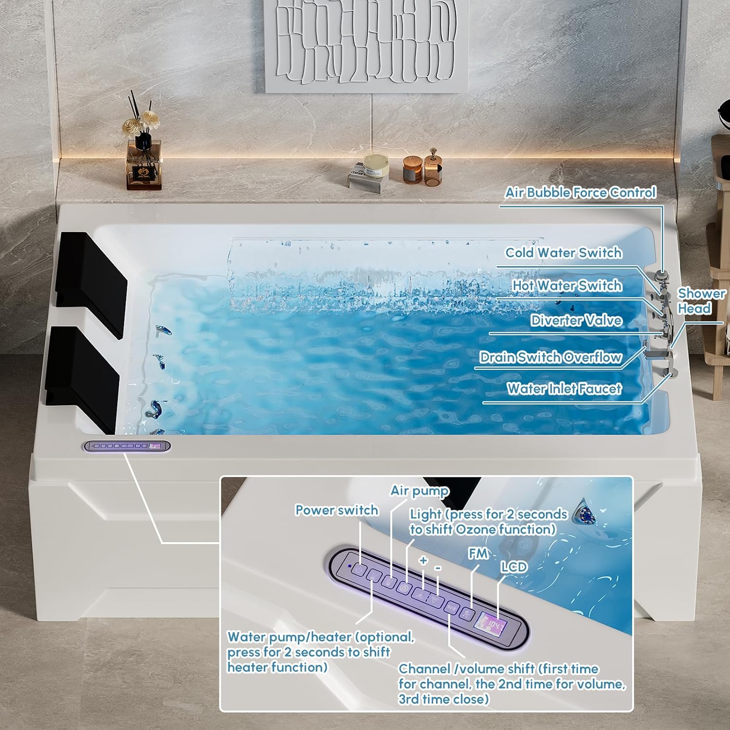 73'' Whirlpool Tub Water Massage Two Person Jetted Bathtub 3 Sided Apron Corner Whirlpool Tub with 22 Water Jets (with Temperature Control)