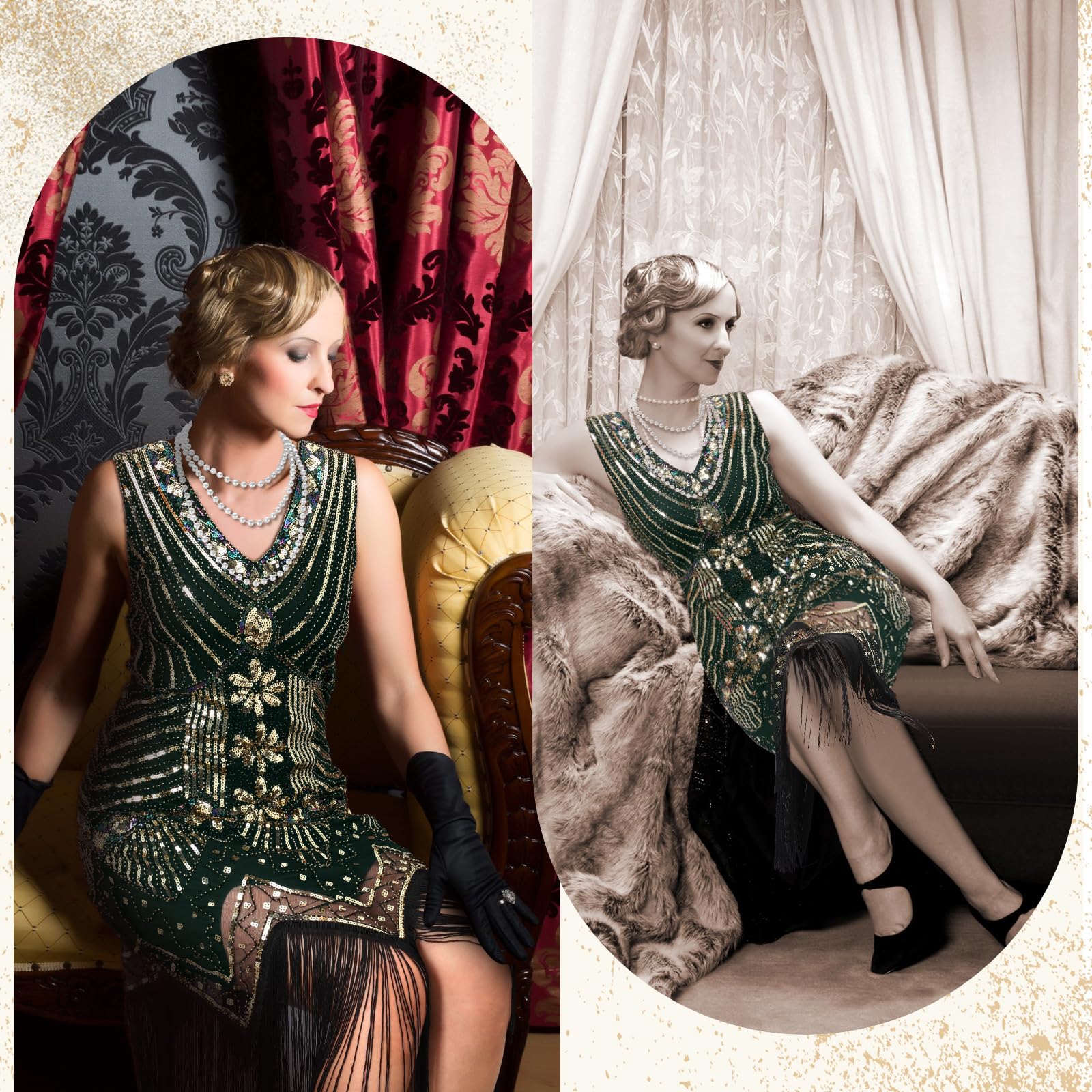 9 Pcs Womens 1920s Flapper Dress Costume Set, Vneck Sequin Beaded Swing Fringed Flapper Dress with Roaring 20s Accessories (Green,X-Large)