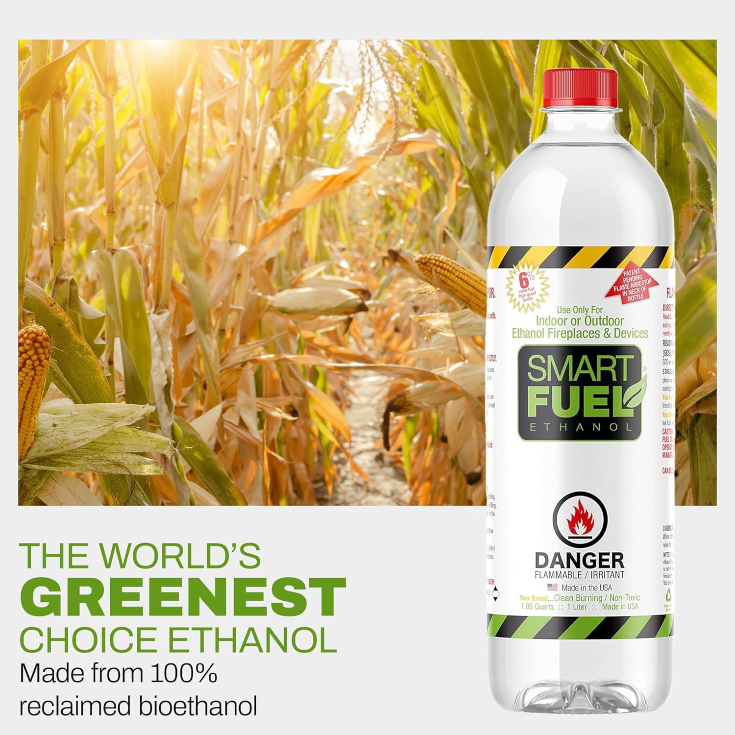 SMART FUEL ETHANOL 6 x 1 Liter - High Purity Ethanol 1 Liter - Bioethanol Fuel for fireplaces, Stoves and Burners. Denatured Alcohol (1.06 Quart) Clean Burning, Sustainable Fuel