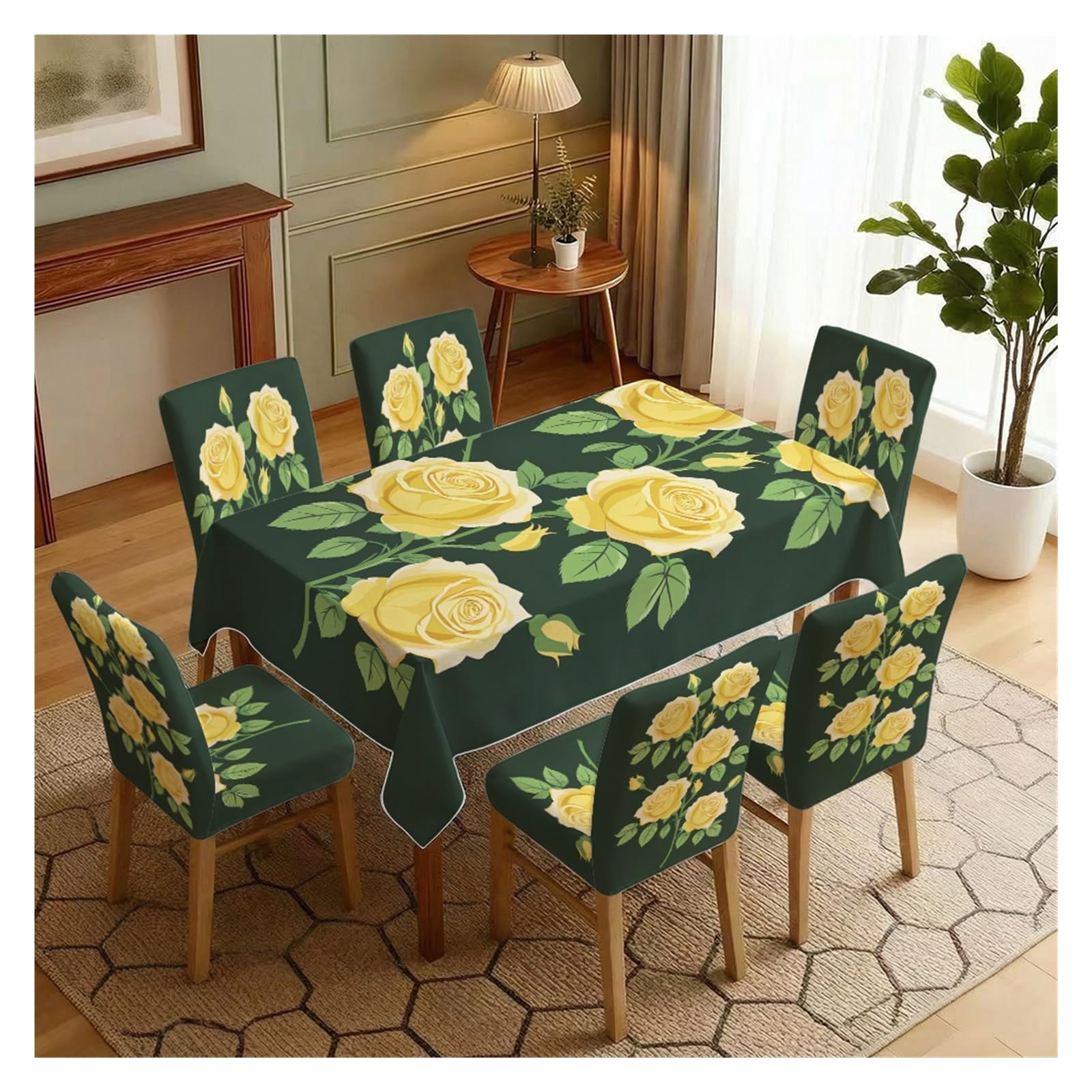 KXUAUV Yellow Rose On Dark Green Print Tablecloth & Chair Covers Set, Slipcovers For Dining Room, Kitchen, Farmhouse & Casual Decor, 5/7 Pack Party Decor(7pcs Set: Tablecloth+Chair Covers)
