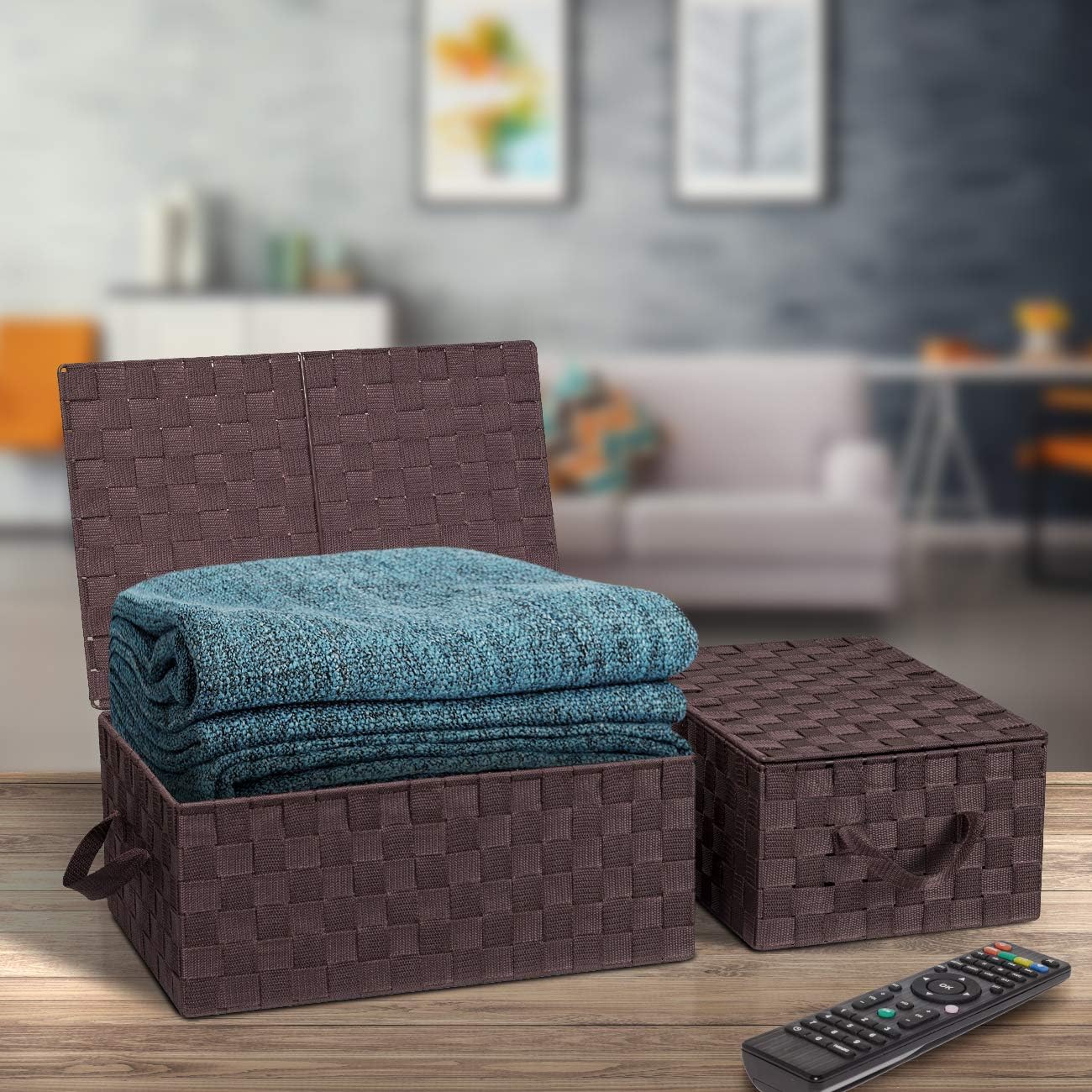 Sorbus Set of 3 Storage Baskets for Organizing with Lid, Mesh Hand-Woven Design, Linen Closet Organizers and Storage, Organizer Storage Baskets for Shelves, Variety Pack Organizers and Storage