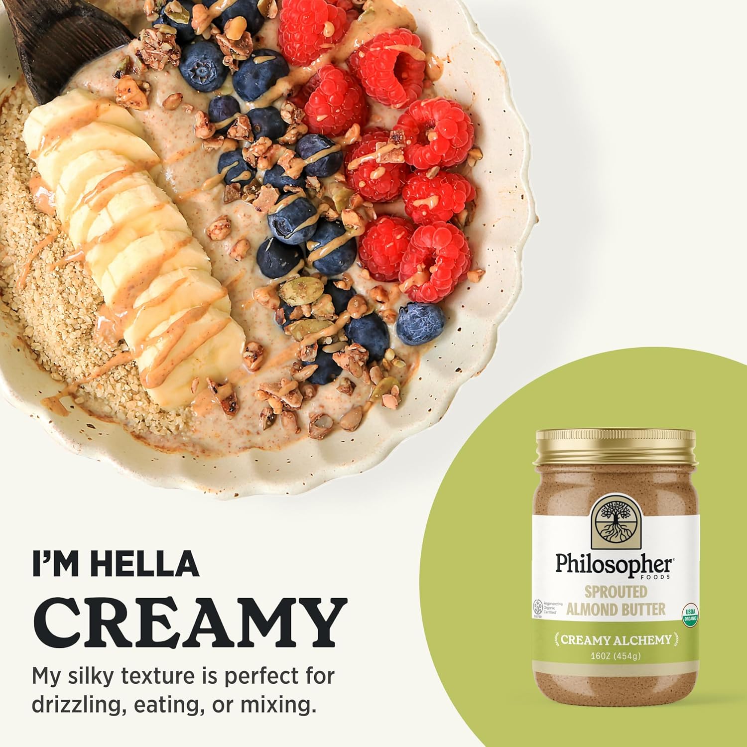 Philosopher Foods - Creamy + Crunchy Alchemy Sprouted Almond Butter - 16 oz (Pack of 2) - Stone Ground Regenerative Organic Creamy Almond Nut Butter No Sugar Added