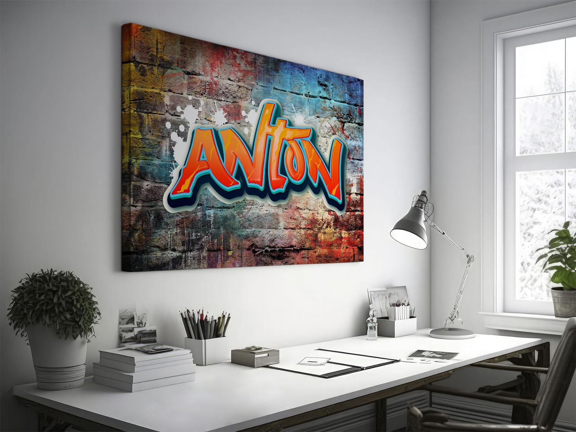 timalo® Kinderzimmer Leinwandbilder personalisiert mit Namen | Bild auf Leinwand Kinder Bilder für die Wand Wandbild xxl Bild fürs Teenager Jungenzimmer | 80 x 50 cm Graffiti Jungen Mauer
