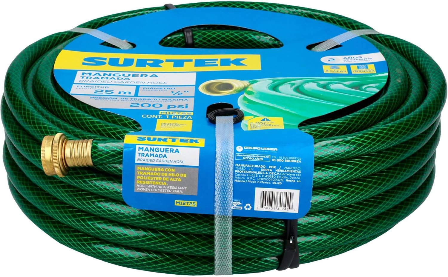 SURTEK Braided Reinforced Watering Hose - 1/2" x 25 m Garden Hose with Brass Connectors - M12T25