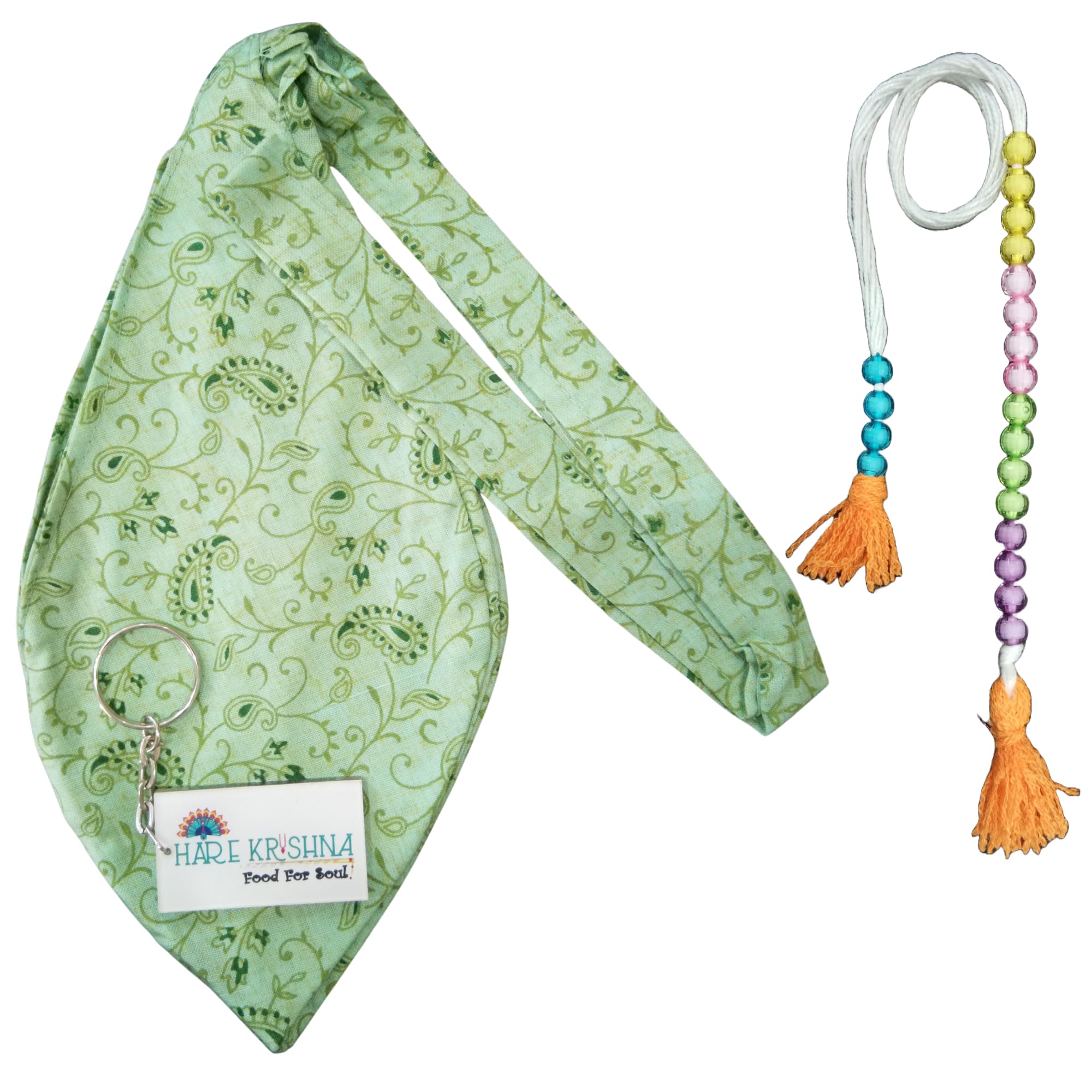 Light Green Cotton Japa Mala Bag with Sakshi Mala & Keychain, Printed Gomukhi Chanting Bag, 2-Piece Combo Pack