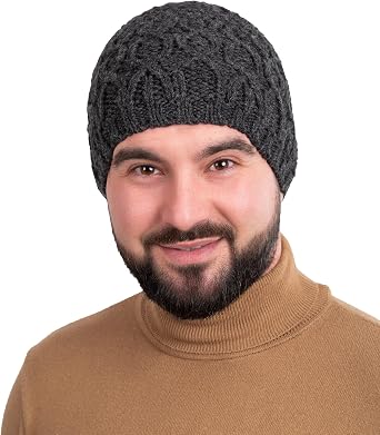 SAOL 100% Merino Wool - Irish Cable Knit Winter Hat for Mens