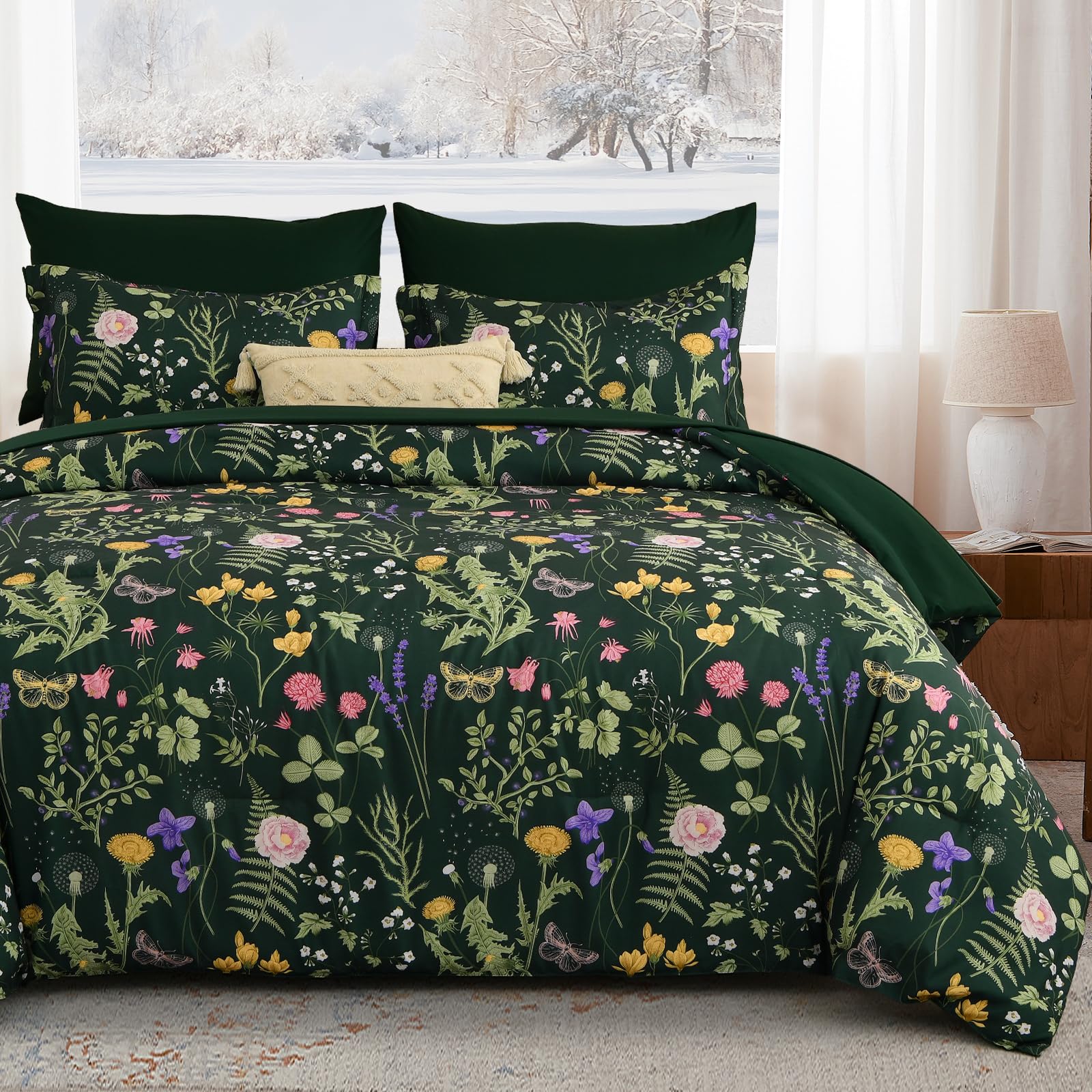 Yiran King Size Comforter Set 7 Piece, Dark Green Floral Bedding Set, Bed in a Bag King with Botanical Flowers Pattern, Soft Microfiber Complete