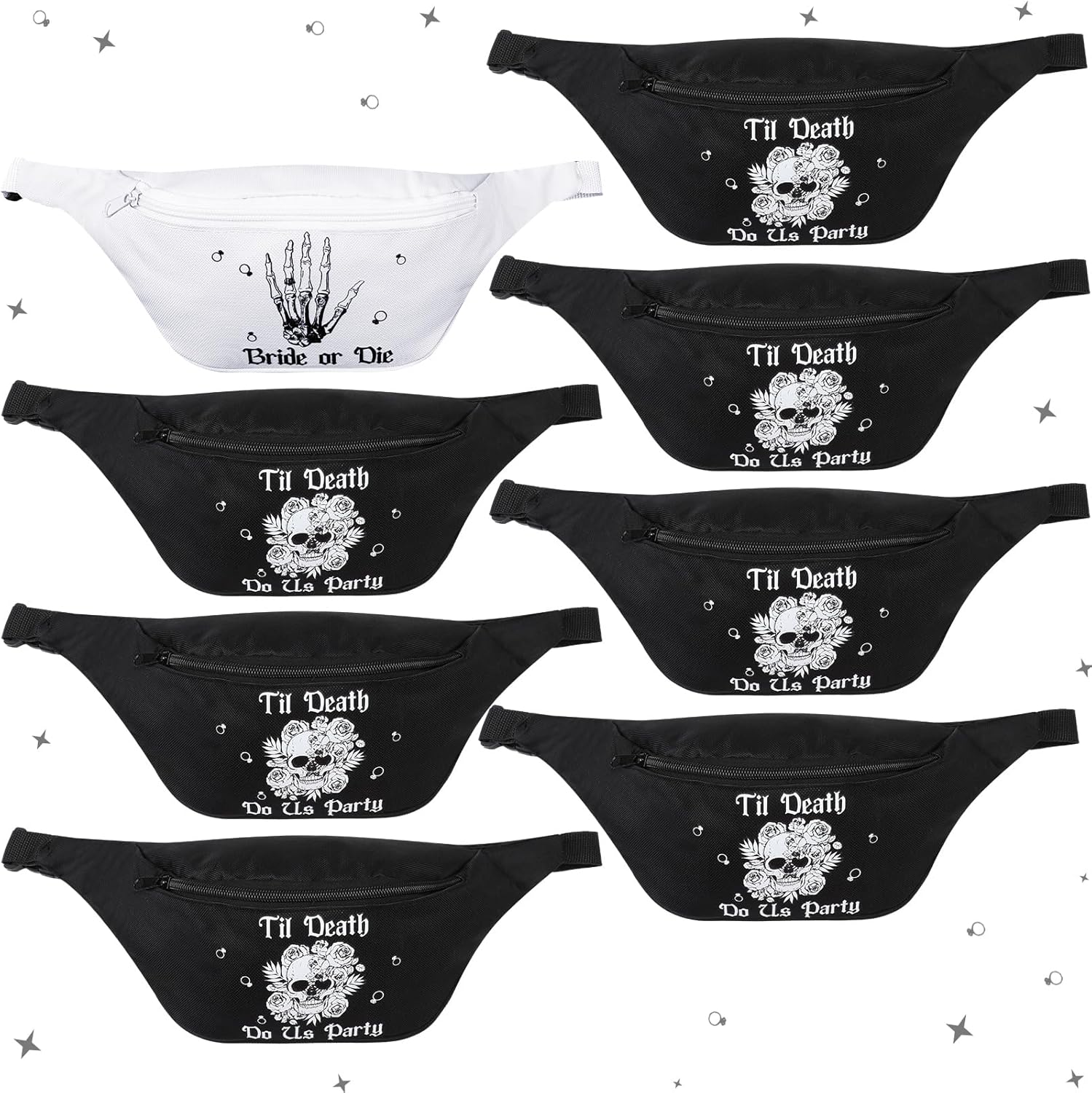 Abbylike 8 Pcs Bride or Die Bachelorette Party Fanny Pack Till Death Do Us Party Fanny Pack Gothic Skeleton Bachelorette Adjustable Waist Bags Funny Bachelorette Party Favors for Wedding Gifts
