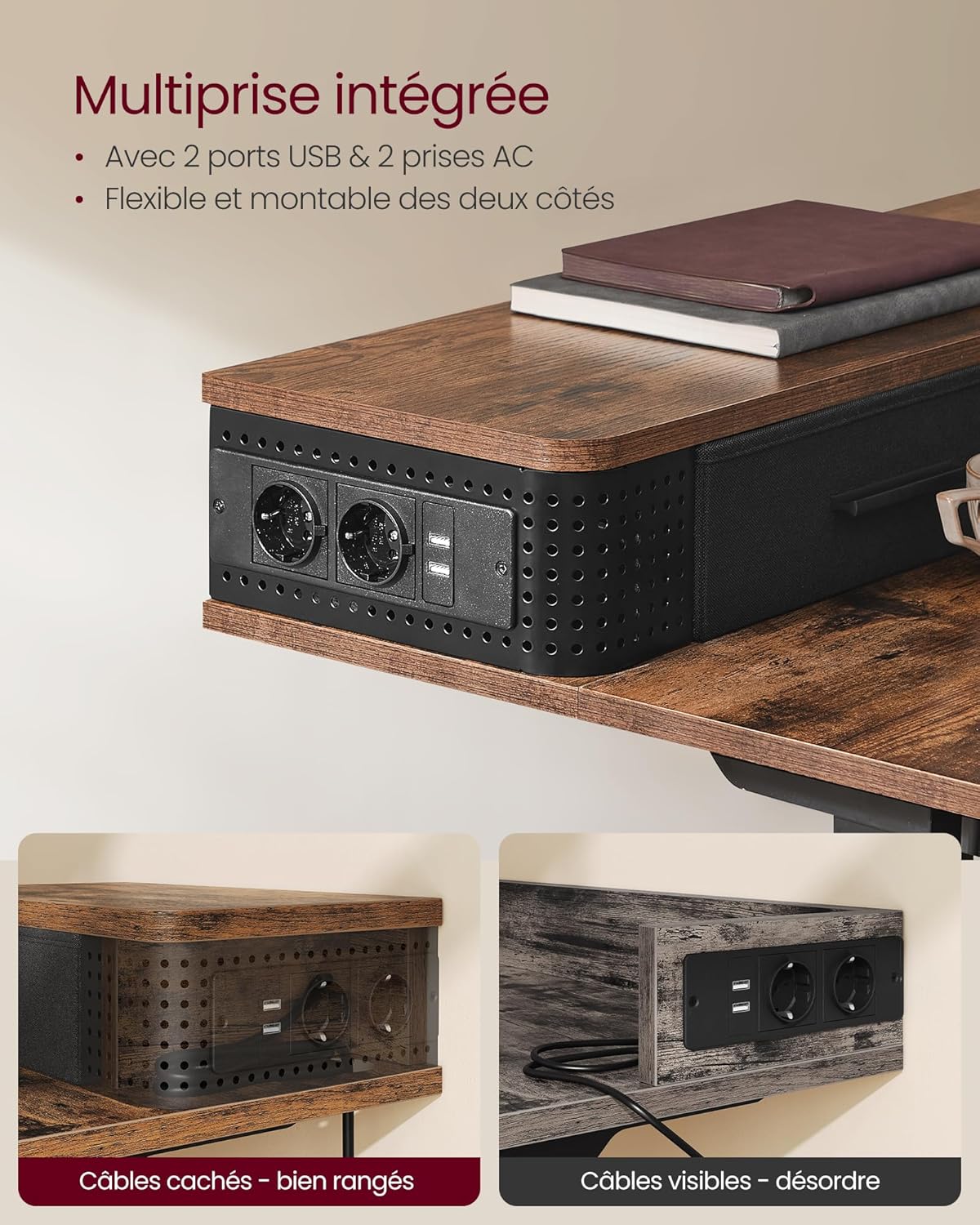 Integrovaný prodlužovací kabel se dvěma síťovými zásuvkami a dvěma USB porty