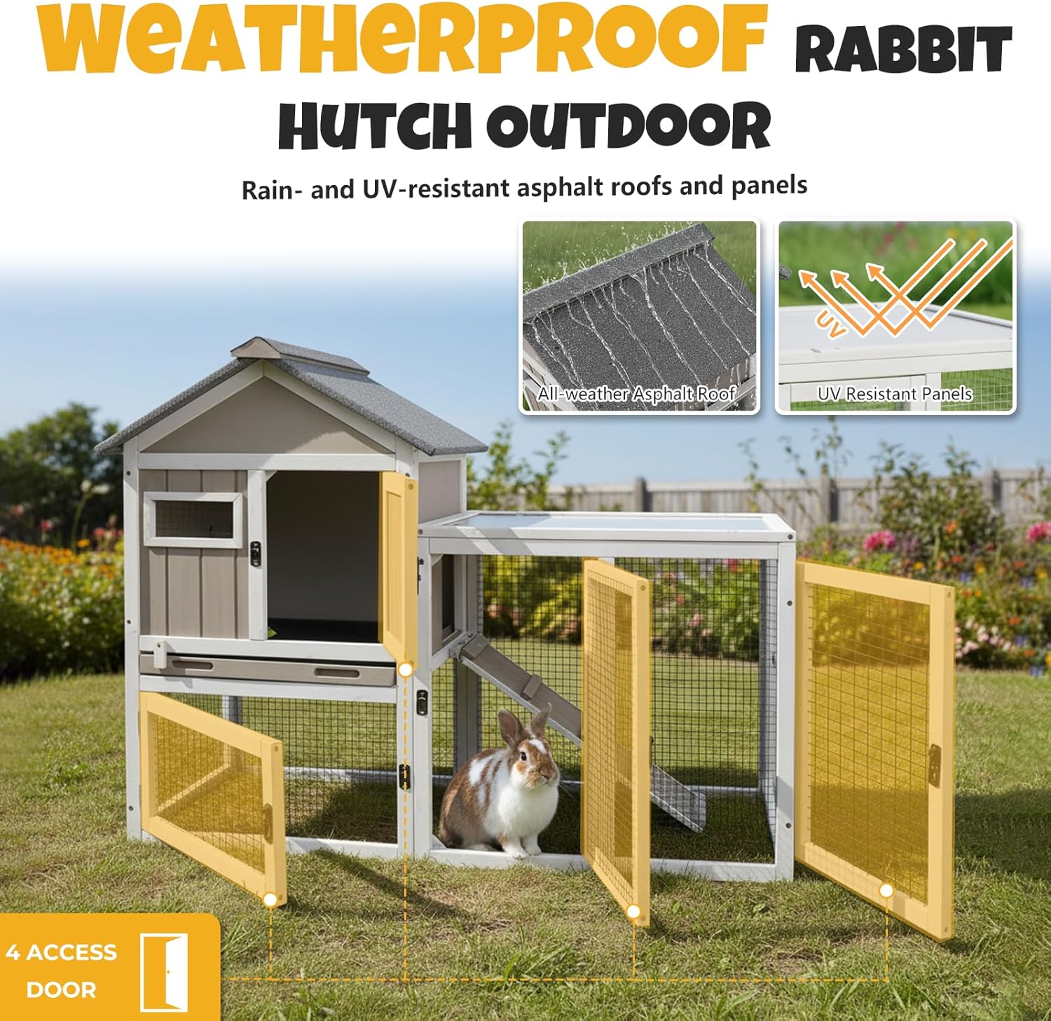 Large 2-Story Rabbit Hutch Indoor, Weatherproof Outdoor Wooden Bunny Cage with Pull-Out No-Leak Tray, Waterproof Roof, UV Protection Panels, Small Animal Cage