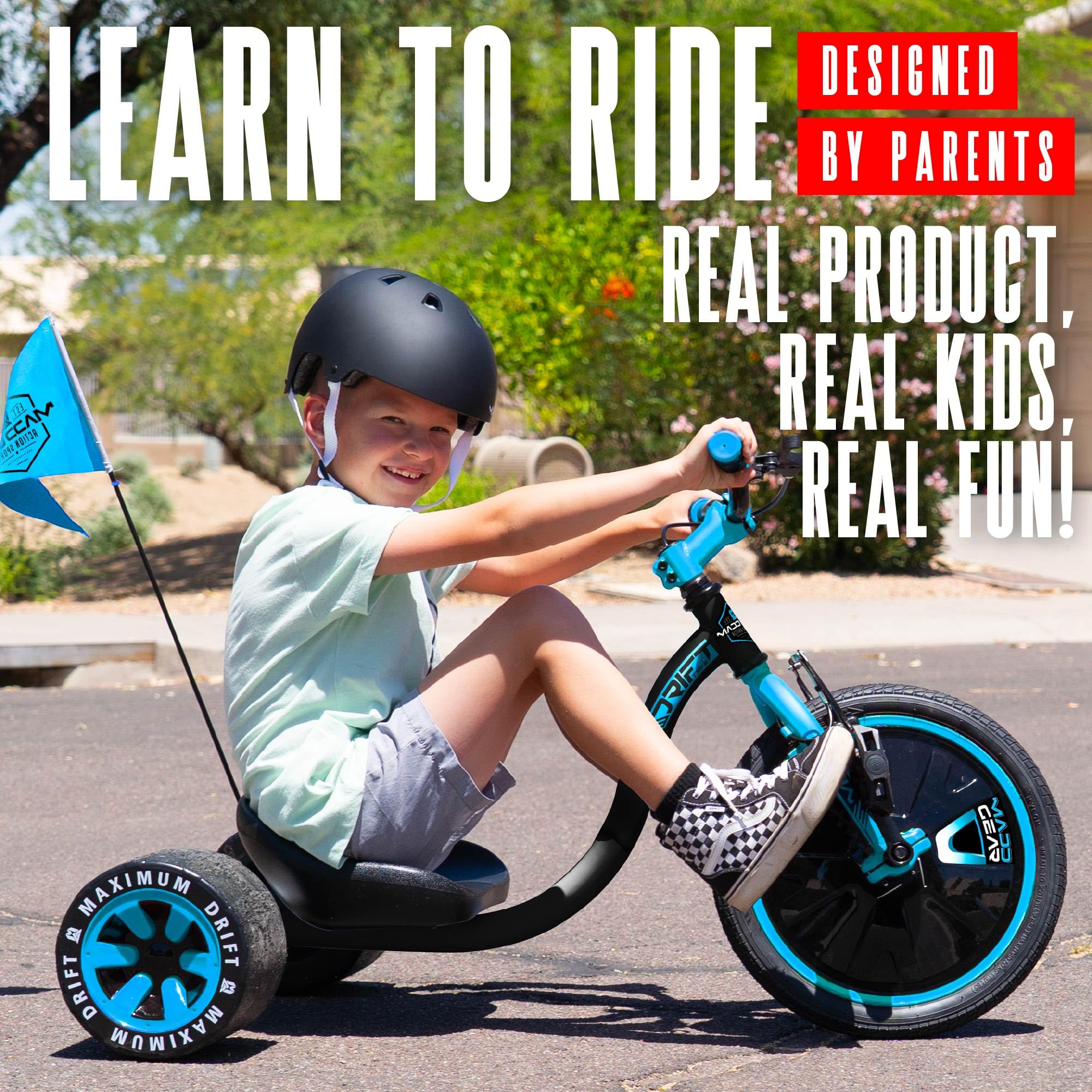 Drift Trike para niños a partir de 5 a 16 pulgadas con rueda grande con asiento ajustable, marco de acero, ruedas traseras y bandera de seguridad, Madd Gear (negro azul)