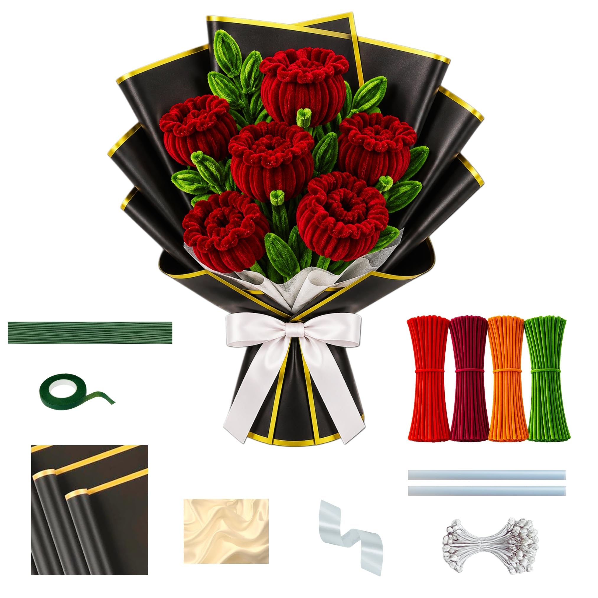 200Pcs Pipe Cleaner Bouquet DIY Craft Kit with Chenille Stems (Red) | 200 Chenille Stems, Complete Bouquet Kit, Kids & Adults Craft-image-36