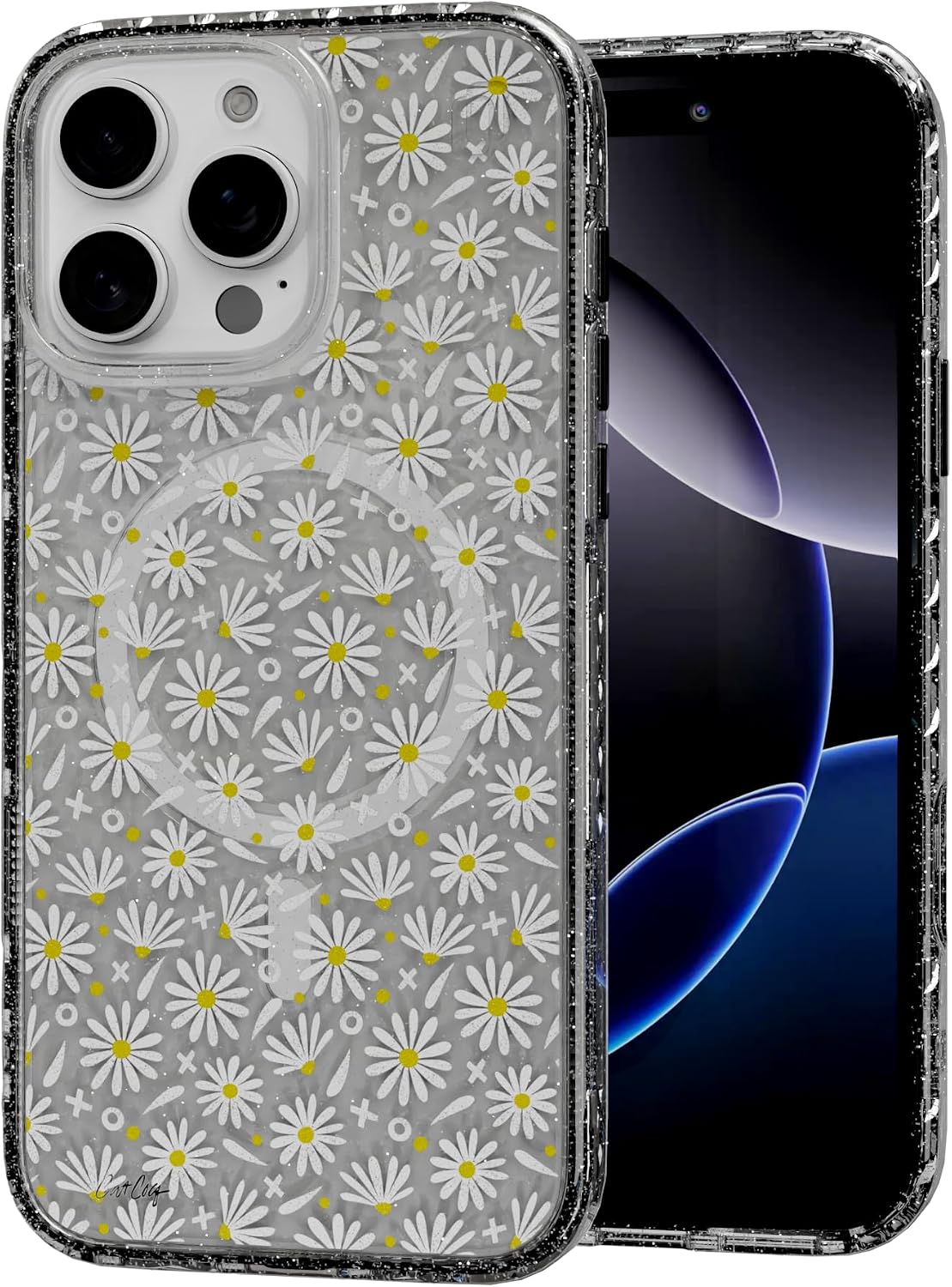 cellhelmet Magnitude Case for iPhone 16 Plus | MagSafe Compatible | Dual-Layer Protection | Drop Test Certified | Shockproof Durable iPhone 16 Plus Case | White Daisies in Crystal Clear Sparkle