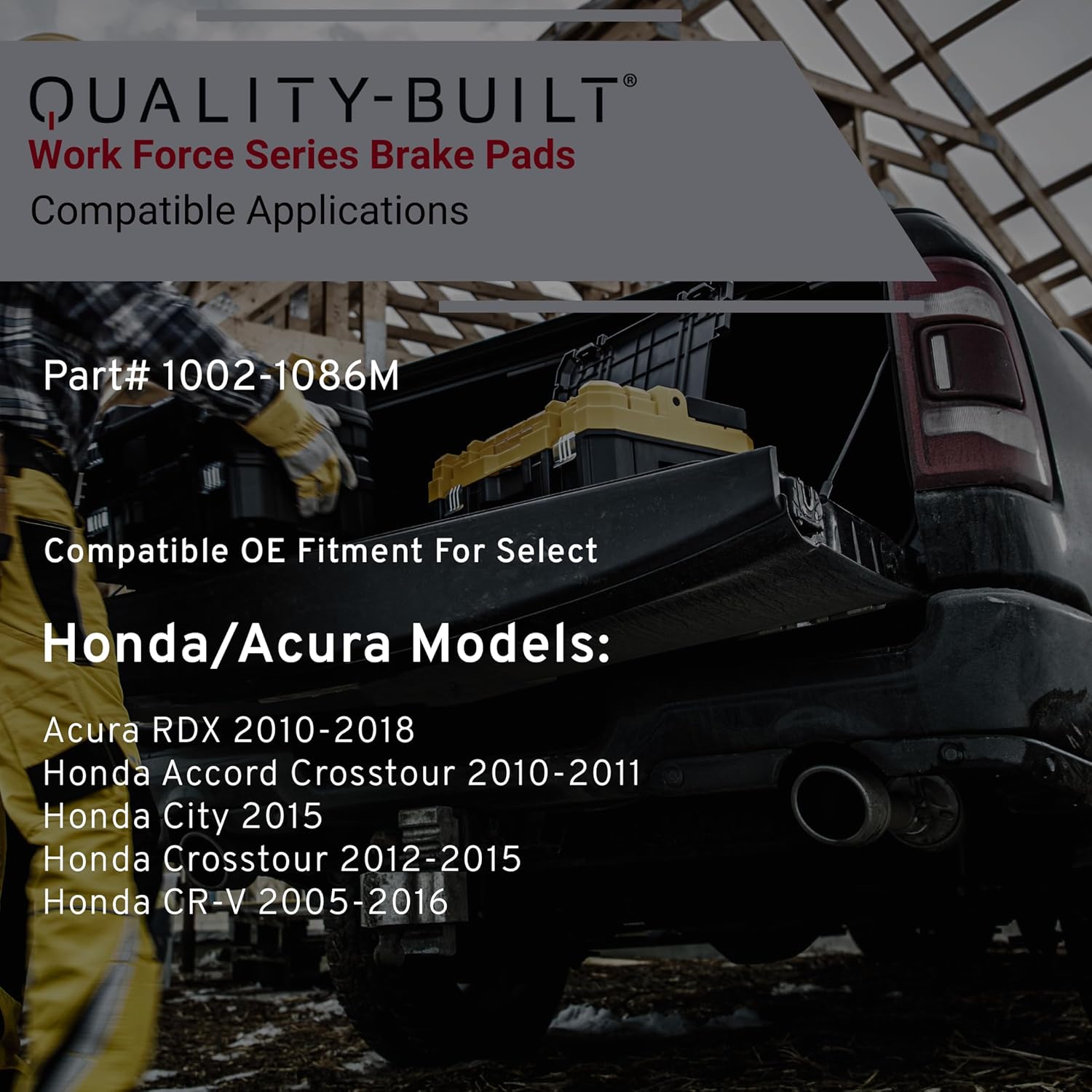 QUALITY-BUILT Rear Semi-Metallic Brake Pads, Work Force 1002-1086M, Compatible with 2005-2018 Acura/Honda (Accord Crosstour,City,Crosstour,CR-V,RDX)