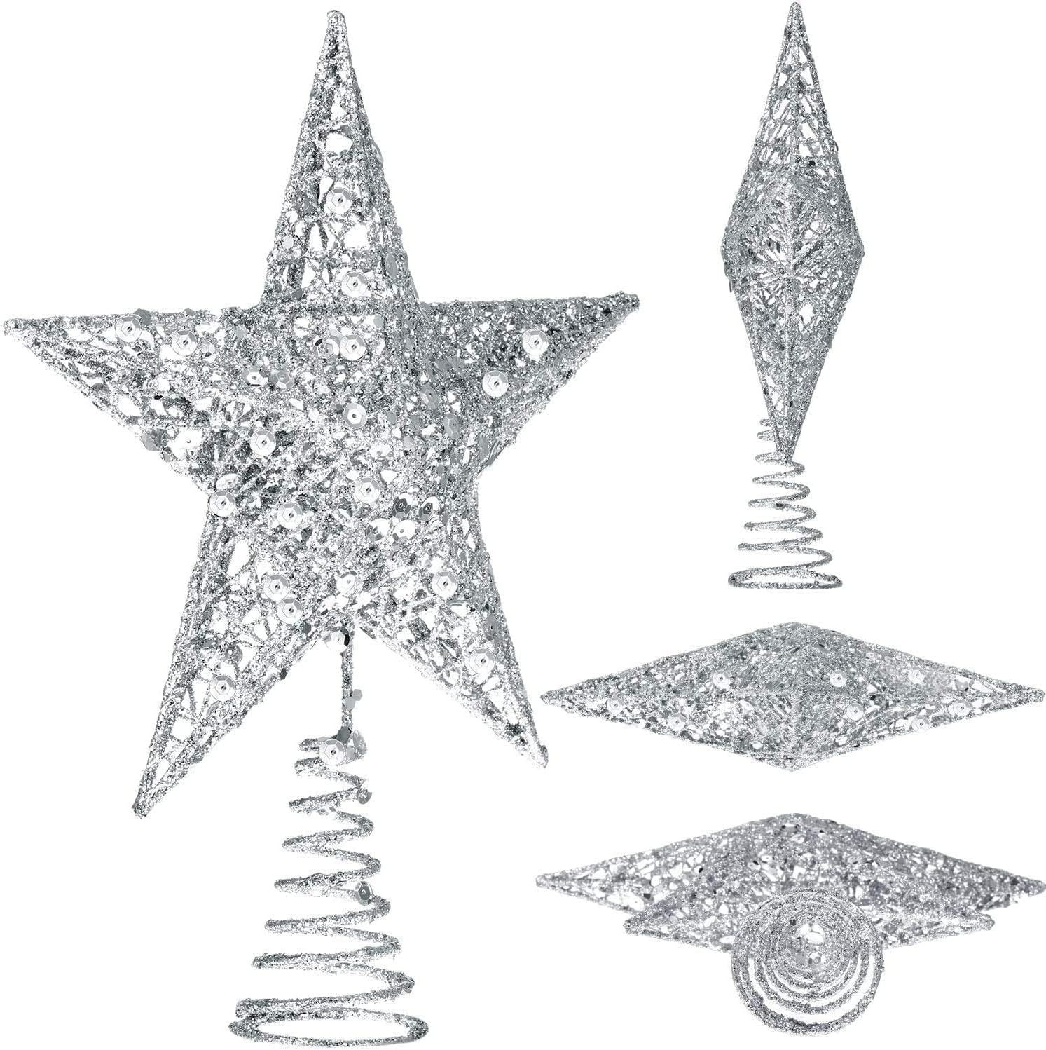 YjbabyChristmas Tree Topper Star Glittered Tree-top Star Colorful Lighted Xmas Tree Star Ornativity Gold Star Tree for Christmas Tree Ornament Party Decoration,10 inch Silver