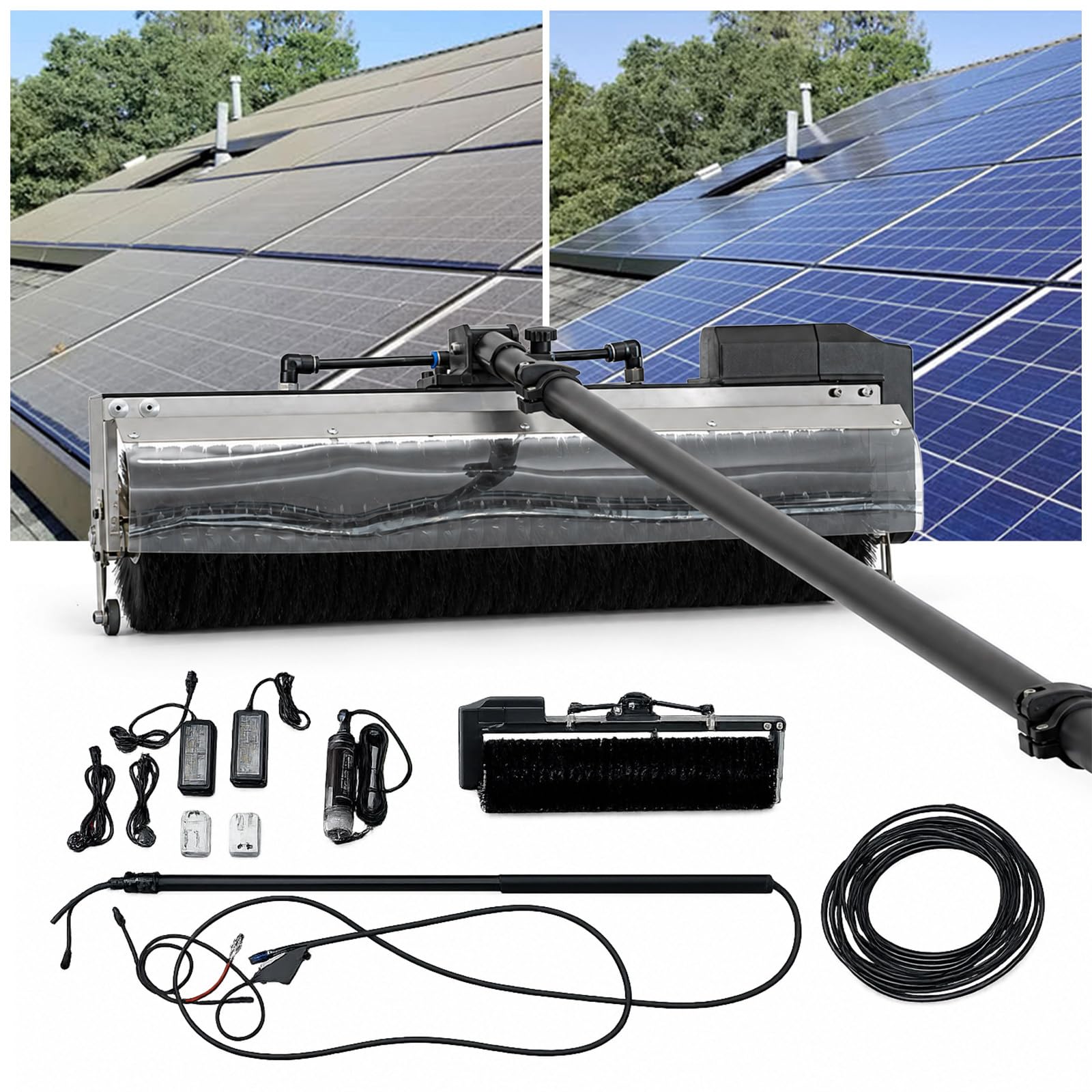 TBANVOO Electric Rotating Roller Brush, Solar Panel Cleaning Brush with 60 cm Water-Fed Telescopic Pole, Nylon Fiber, Anti-Retraction Clip, for Home & RV 7.5m/25ft