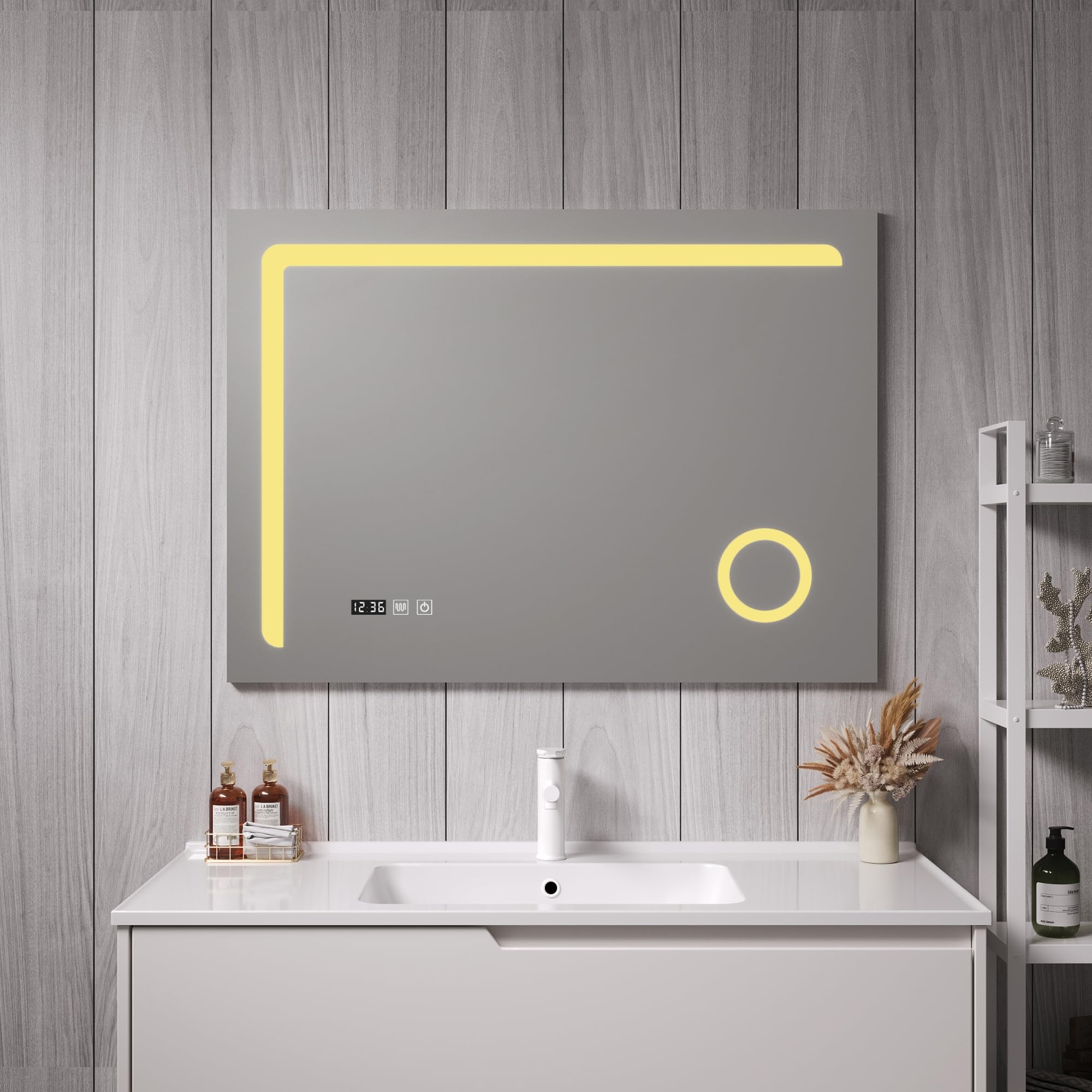 pro.tec LED Badspiegel Chambave Wandspiegel mit Beleuchtung 3 Lichtfarben horizontal Schminkspiegel für Badezimmer rechteckig 100 x 70 cm Silberfarben beschlagfrei Lichtspiegel mit Lupe Uhranzeige