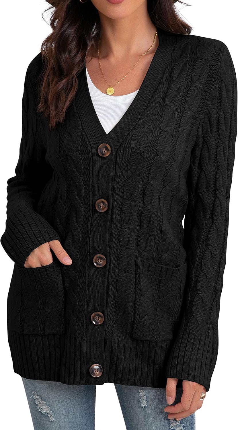 GRECERELLE Women's Long Sleeve Loose Knit Cable Open Front Button Down Cardigan Sweater Outerwear Coat with Pockets - Image 3