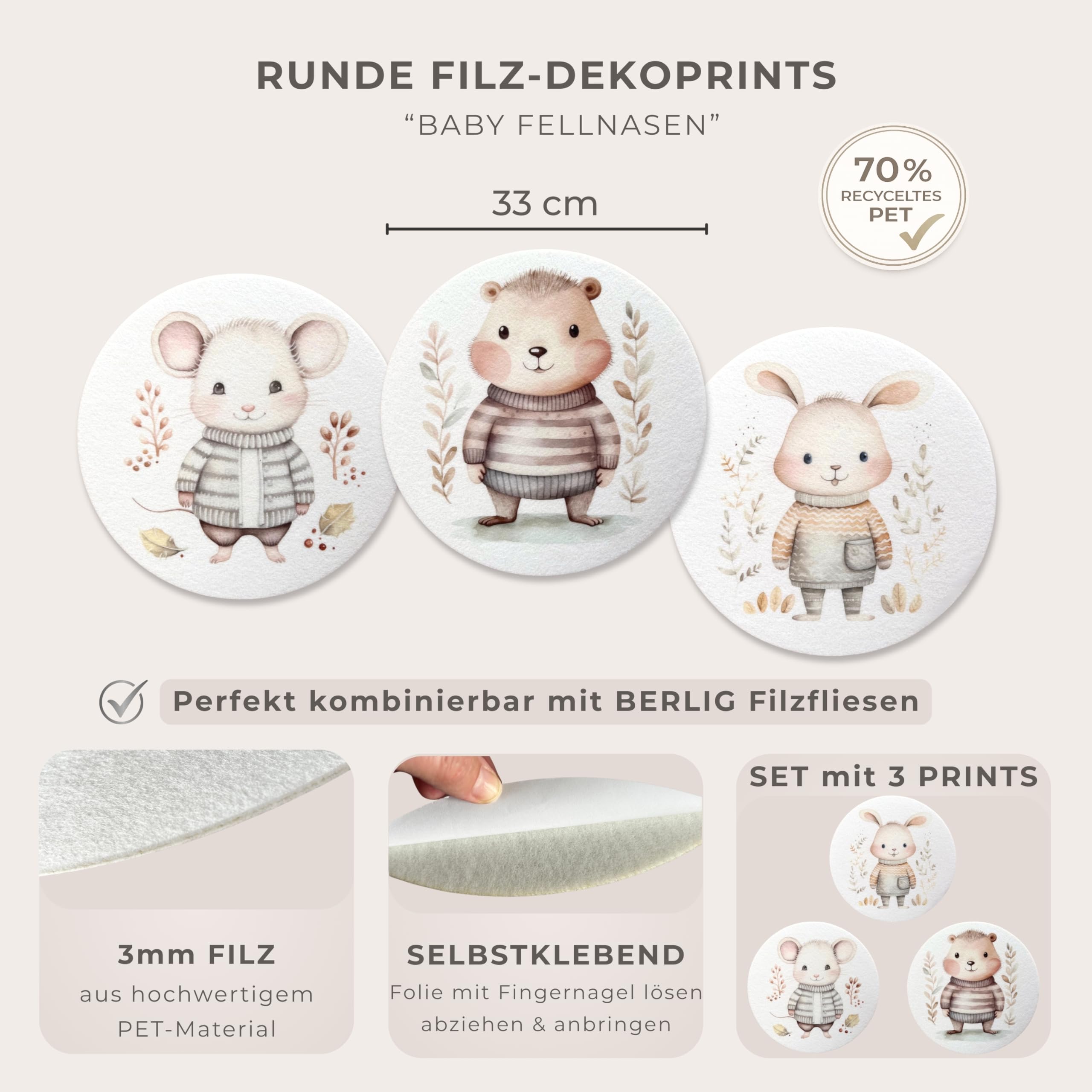 BERLIG Runde Filz Dekoprints Ø 33 cm – Selbstklebende Filzbilder Wanddeko – 3er Set – Runde Filz Wandbilder für Kinderzimmer, Wohnräume & kreative Wandgestaltung (Baby Fellnasen)