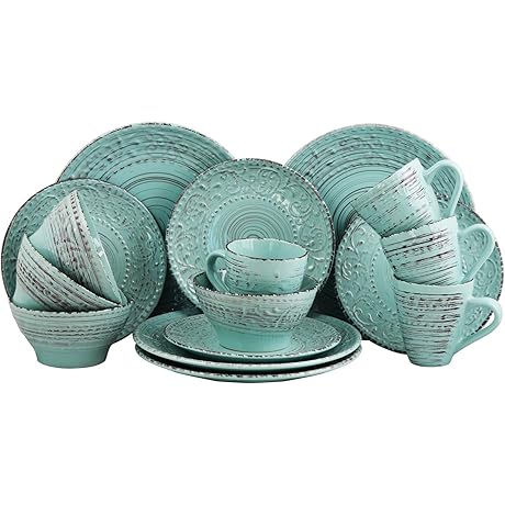 Elama Embossed Stoneware Ocean Dinnerware Dish Set, 16 Piece, Turquoise