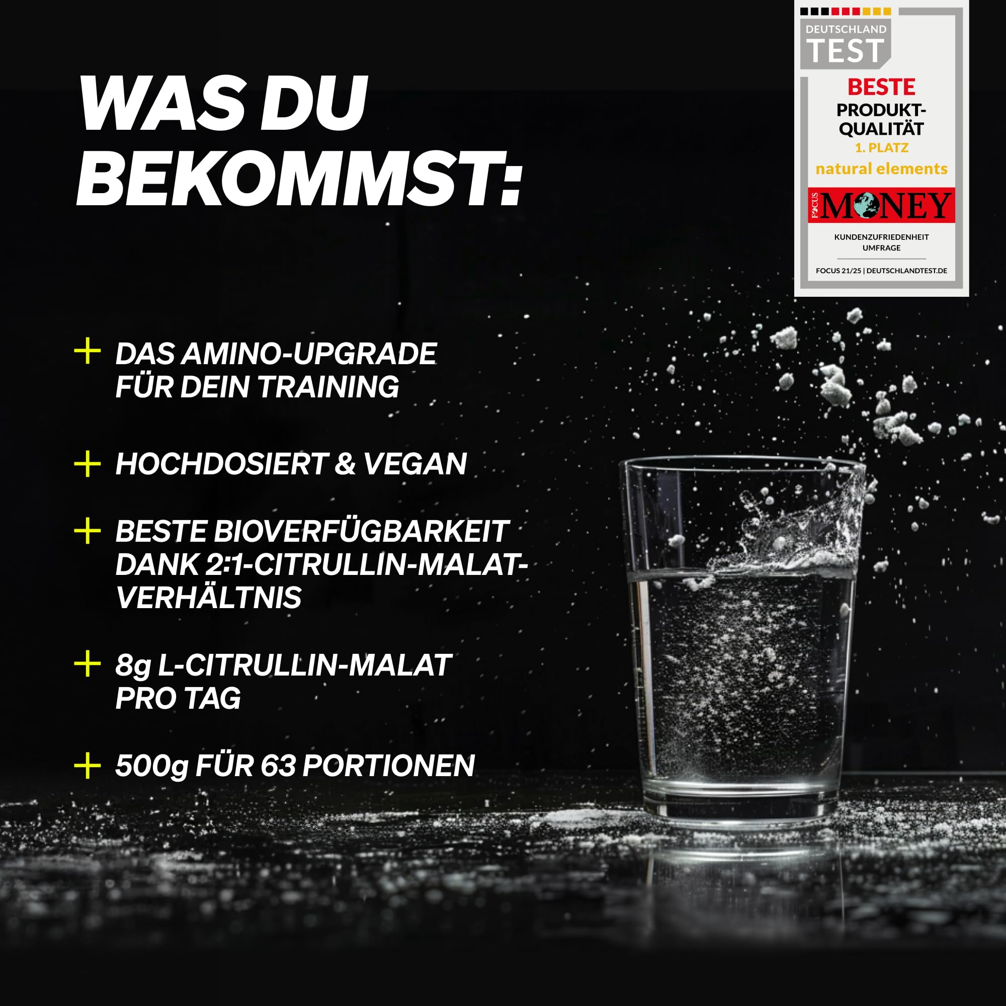 natural elements L-Citrullin Malat Pulver 2:1 – 500g Pulver – ideal vor dem Sport – vegan, hohe Reinheit, hochdosiert, ohne Zusätze – in Deutschland entwickelt & laborgeprüft
