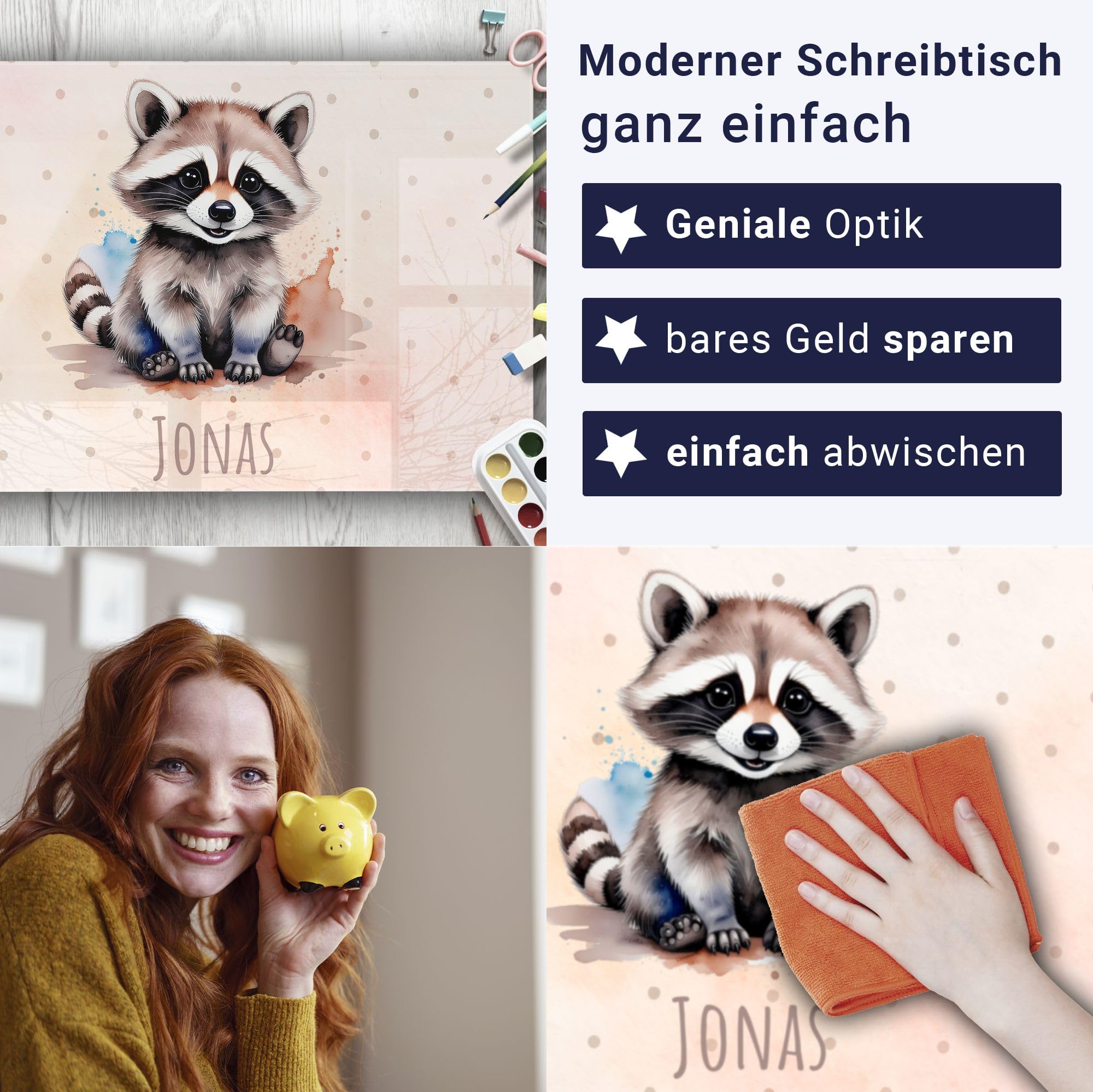 Schreibtischunterlage personalisiert mit Namen | 80 x 50 cm Waschbär | wasserfeste Schreibunterlage, abwischbar, glatt | stabiles, hochwertiges Acrylglas, Kinder Kunststoff Motiv Tiere