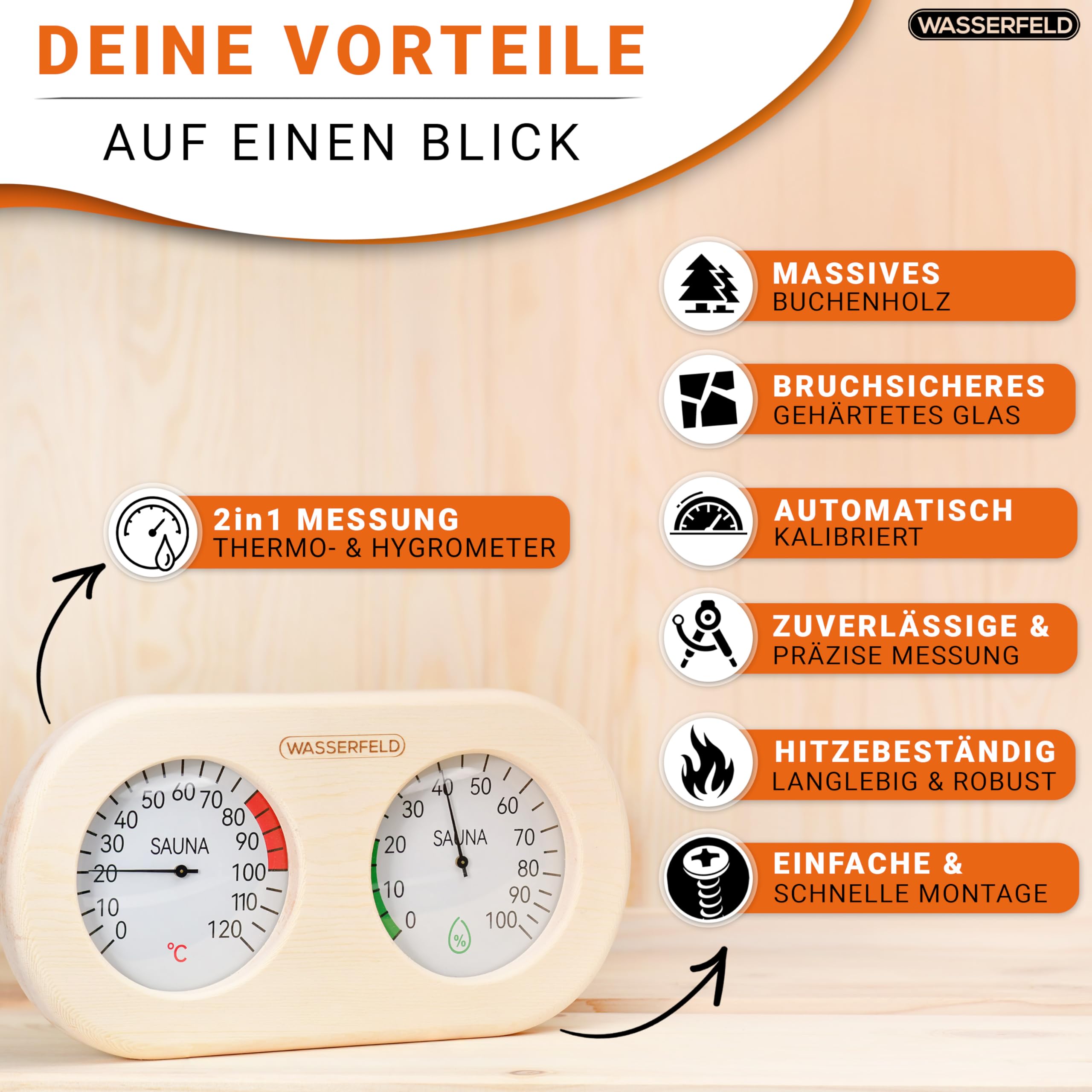 WASSERFELD® Thermomètre hygromètre de sauna [fonction 2 en 1] Thermomètre de sauna précis pour une mesure précise de la température et de l'humidité – Hygromètre avec verre trempé – Accessoires de