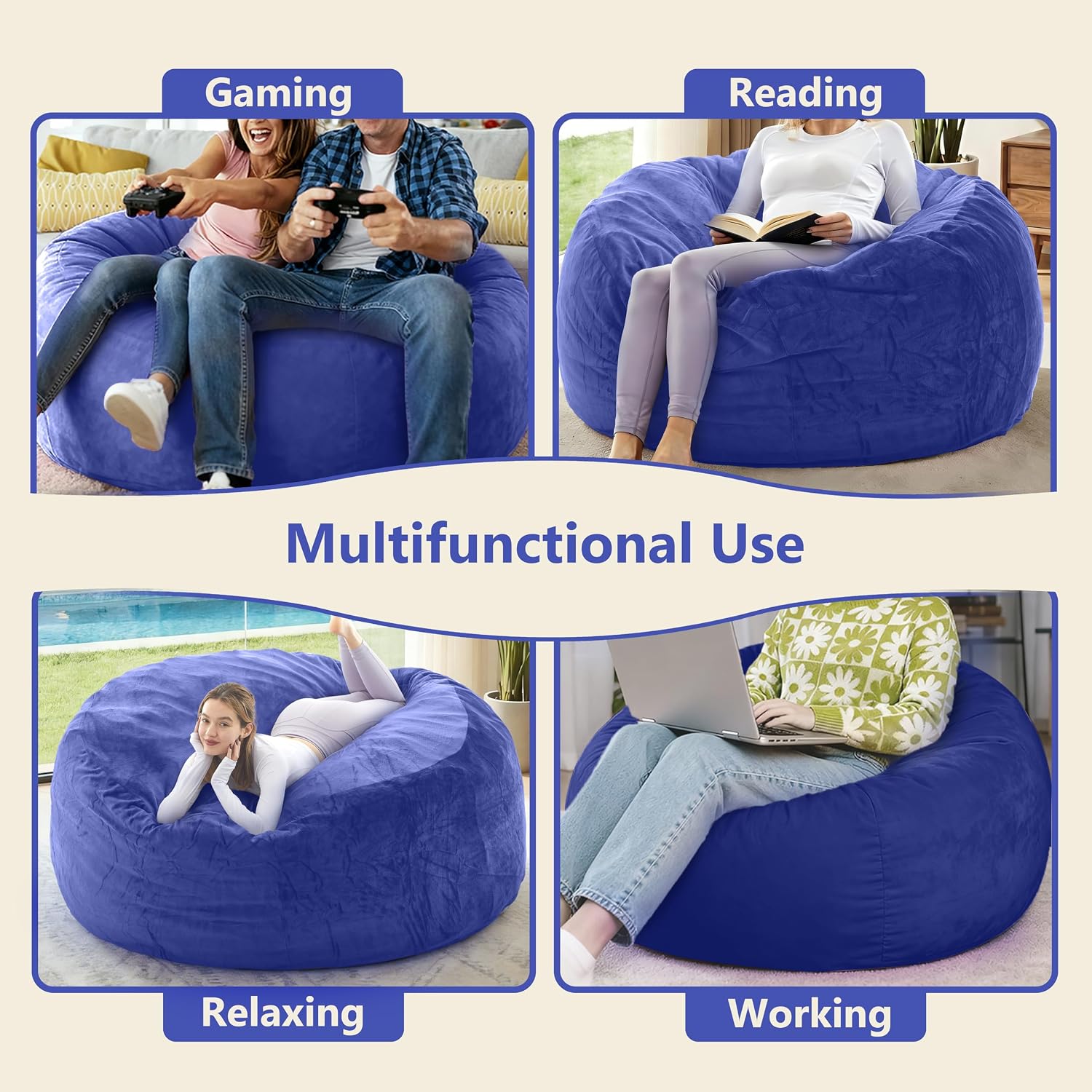 Giant Bean Bag Chair with Memory Foam Filling Beanbag for Adult 8 Colors, Machine Washable Removeable Flannel Cover, Soft Cozy for Bedroom, Living Room - 6 Feet Blue image 3