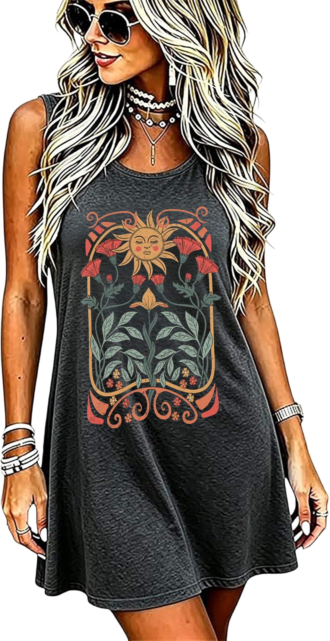 Summer Dresses Women Boho Floral Sundress Casual Country Concert Tank Dress | Flower Rock Concert Dress Sunflower Print Nashville Dresses Rock Band Dress Country Music Shirt Country Wildflowers Sundress