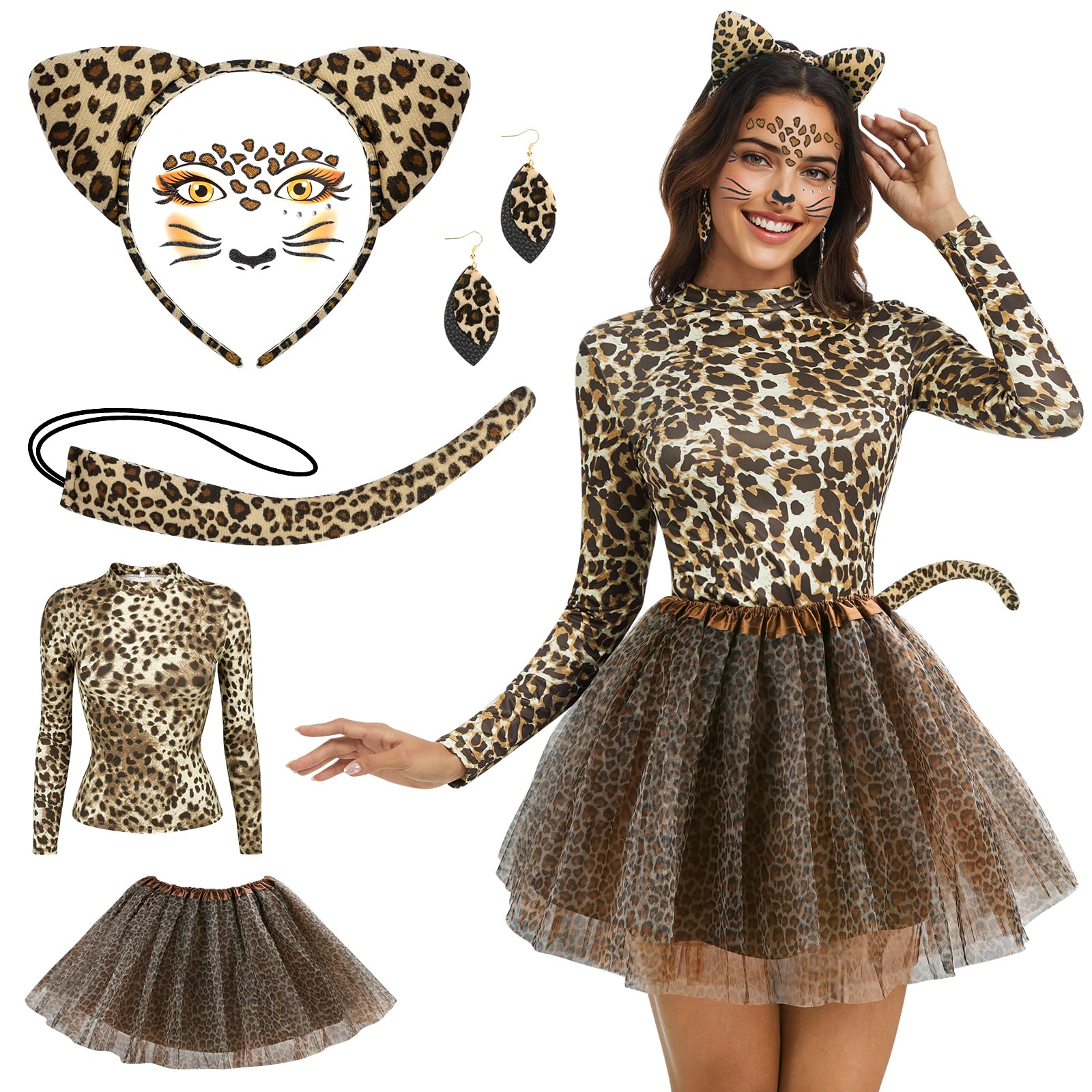 Charmofun Costume de Léopard pour Femme, Déguisement Leopard Femme avec Serre-tête Léopard, Boucles D'oreilles, Queue et Tatouage du Visage, Deguisement Animaux pour Carnaval Halloween Fête (XS)