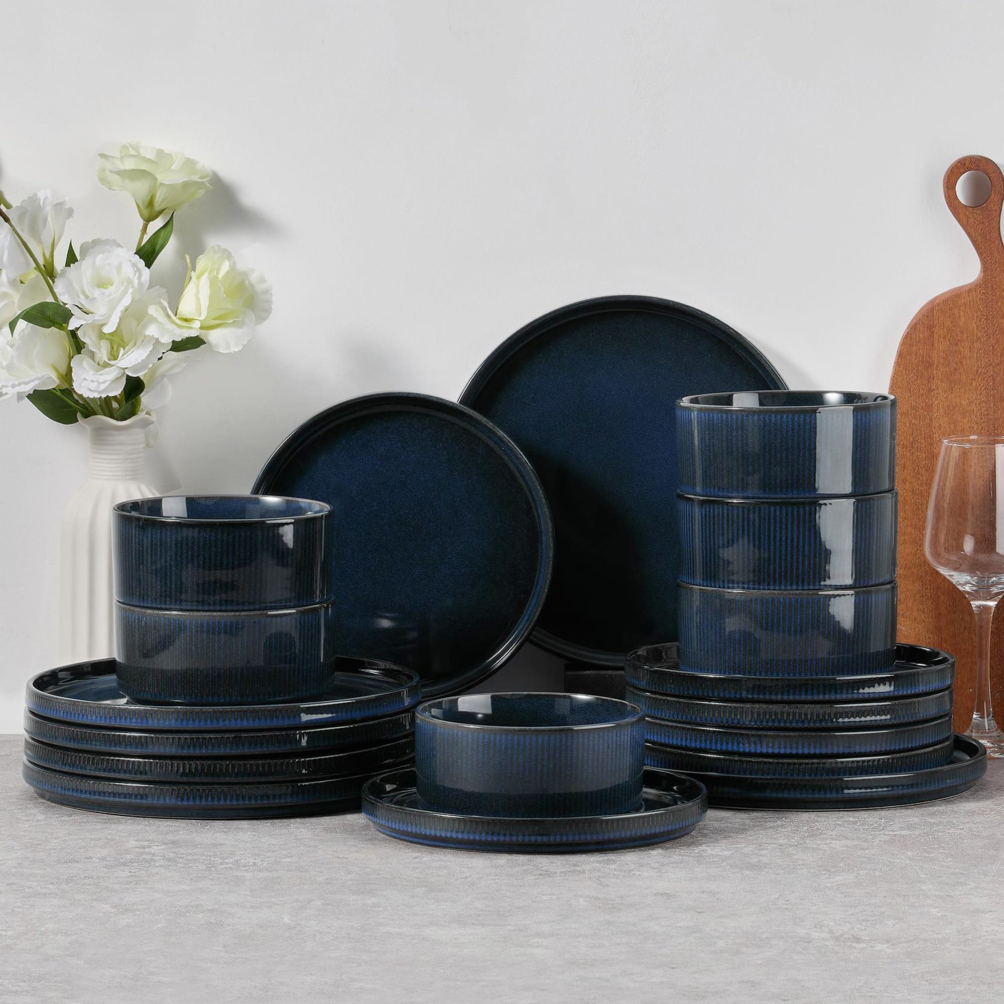 E-far Stoneware Dinnerware Sets, 18-Pieces Plates and Bowls Sets, Chip &amp; Scratch Resistant Ribbed Dishes Set for 6, Modern Kitchen Dinning Porcelain, Dishwasher &amp; Microwave Safe, Midnight Blue
