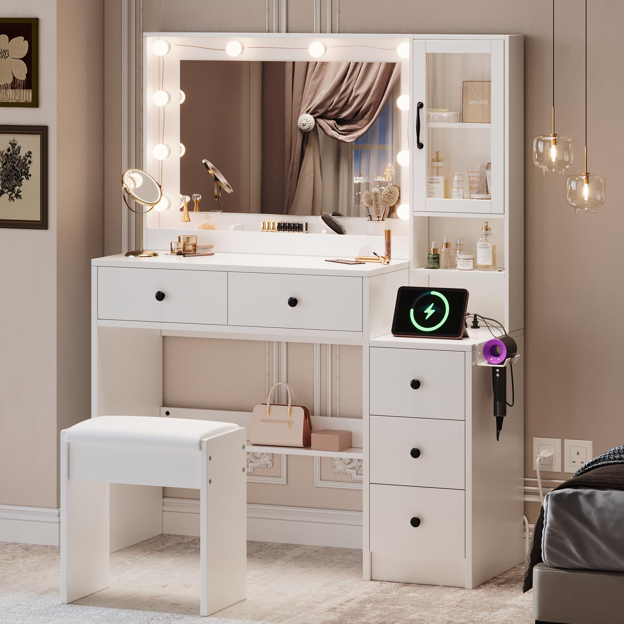 35.4” Makeup Vanity Desk with Charging Station, White Makeup Dressing Table with Mirror &amp; Lights, 3 Lighting Modes Adjustable Brightness, Vanity Table with Power Outlet &amp; 5 Drawers Round Handle