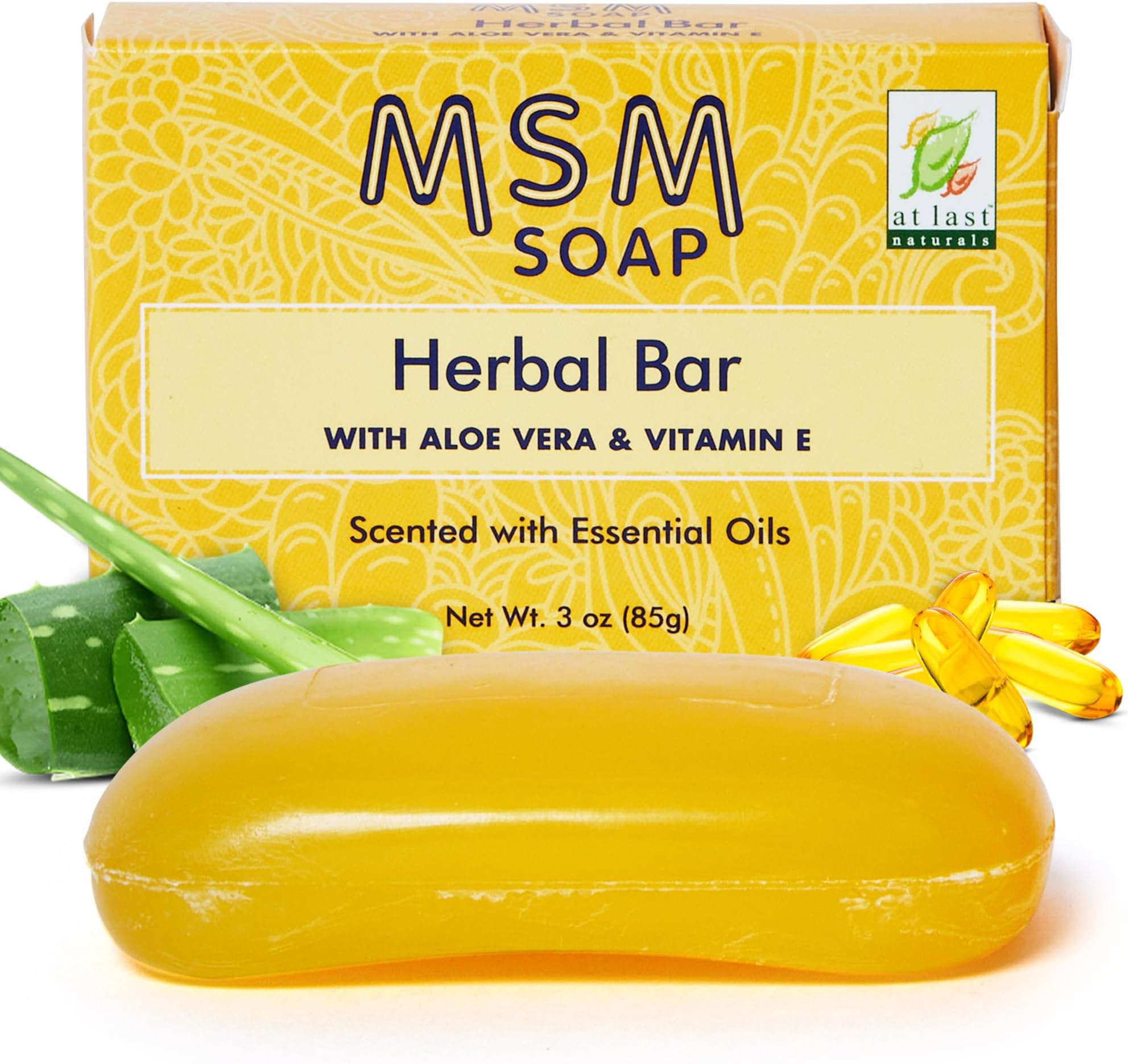 At Last Naturals MSM Soap Bar Body Soap for Men and Women Fine Line Wrinkle Reduction Herbal Moisturizer with Aloe Vera Vitamin E Essential Oils Deep Cleansing for Sensitive Skin 3 Ounce (Pack of 1)
