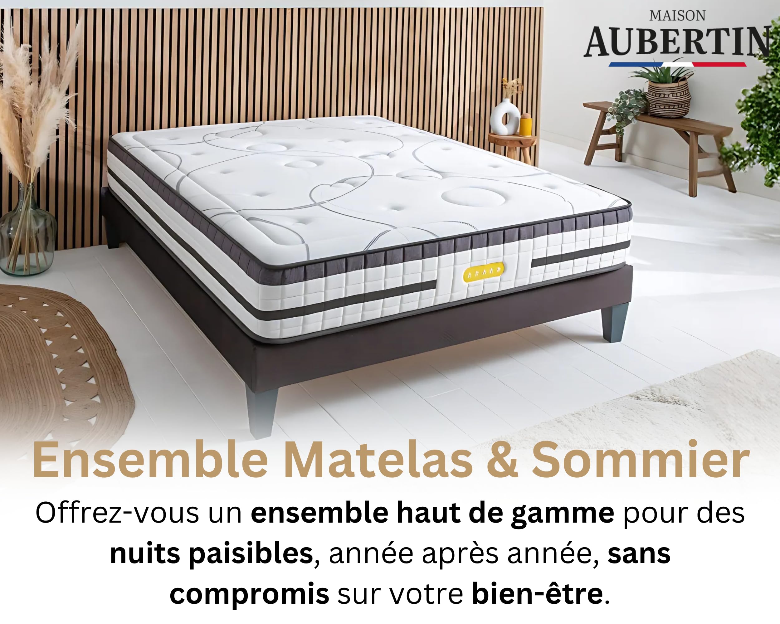 Maison Aubertin - Ensemble Matelas Sommier Hybride Concorde 160x200, Ép 56, 858 Ressorts Ensachés & Mémoire de Forme Haute Densité 60 kg/m³, Lit en Bois Massif, 2 Personnes, Ergonomique