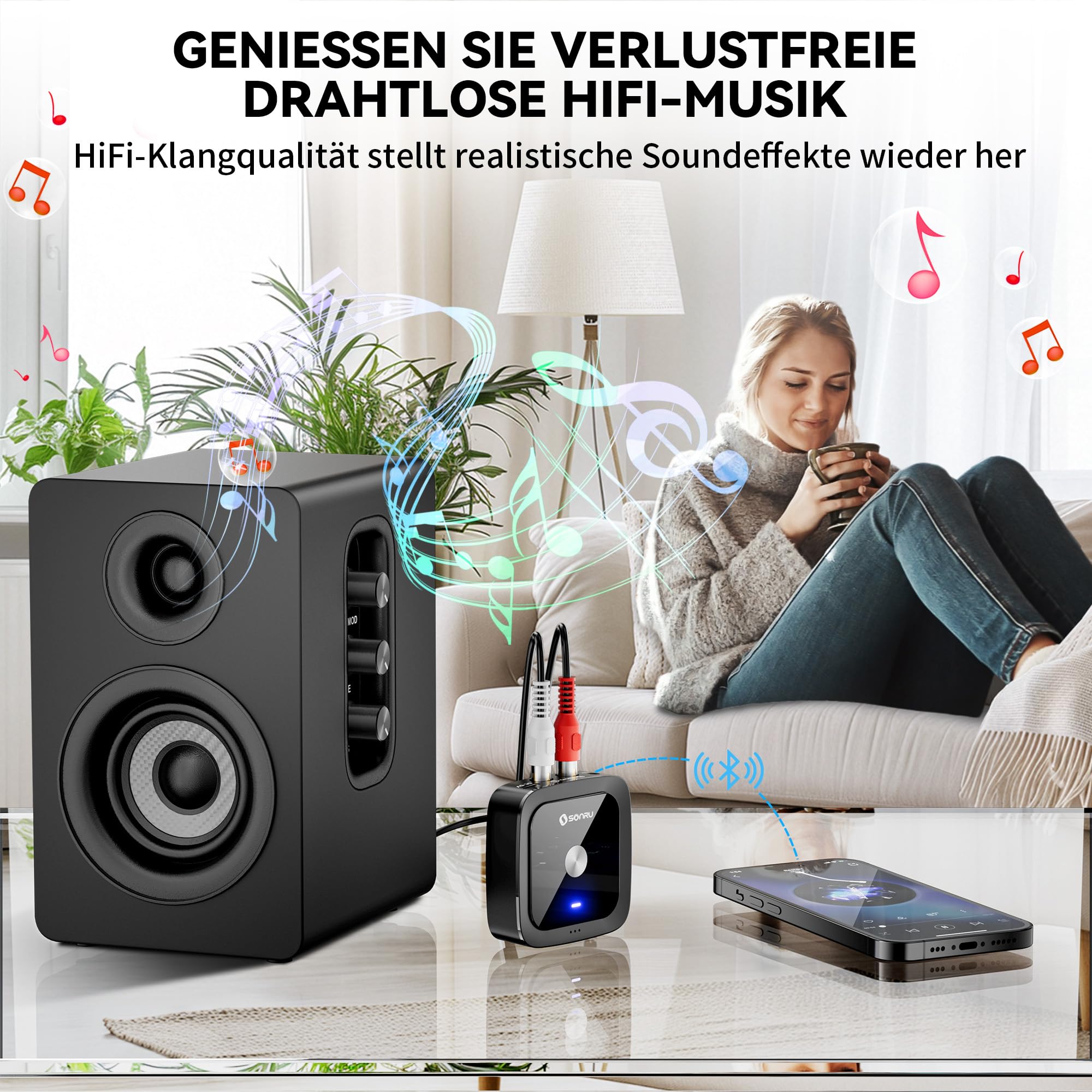SONRU Bluetooth 6.0 Adapter Empfänger Klinke, Aux Bluetooth Receiver Audio Adapter Stereo mit 3 5mm Klinke und RCA Kabel für Stereoanlage Lautsprecher, Autoradio, Verstärker