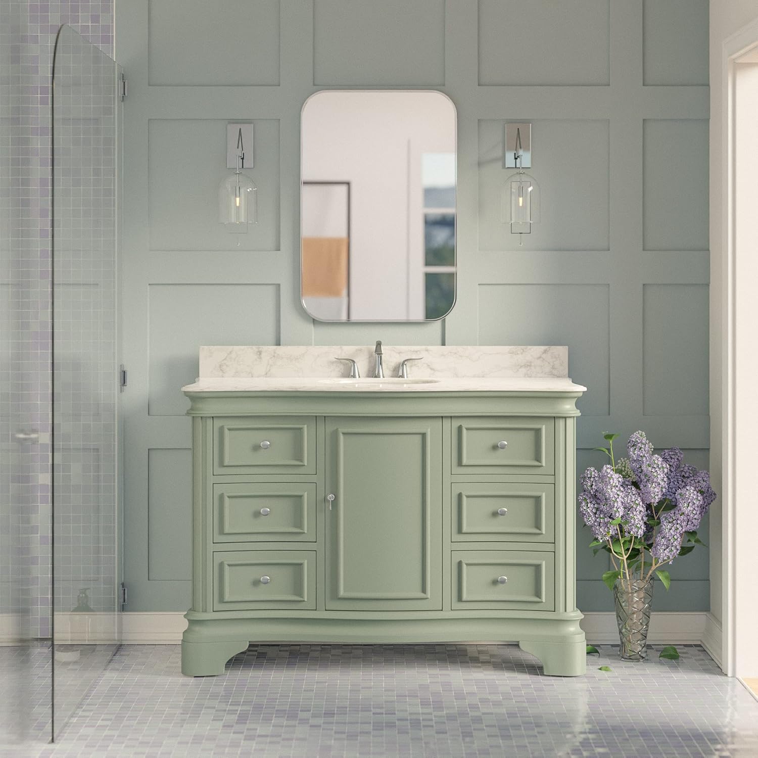 Katherine 48-inch Bathroom Vanity (Carrara/Sage Green): Includes Sage Green Cabinet with Authentic Italian Carrara Marble Countertop and White Ceramic Sink