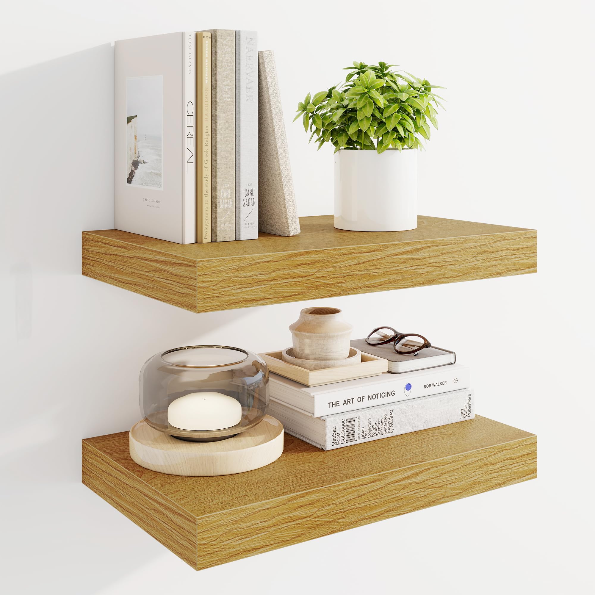 Marsmiles 40cm Floating Shelves for Wall, Wooden Shelves with Invisible Brackets Set of 2, Rustic Farmhouse Wall Mounted Shelf for Kitchen Bathroom Living Room Study, Natural Oak — image 1