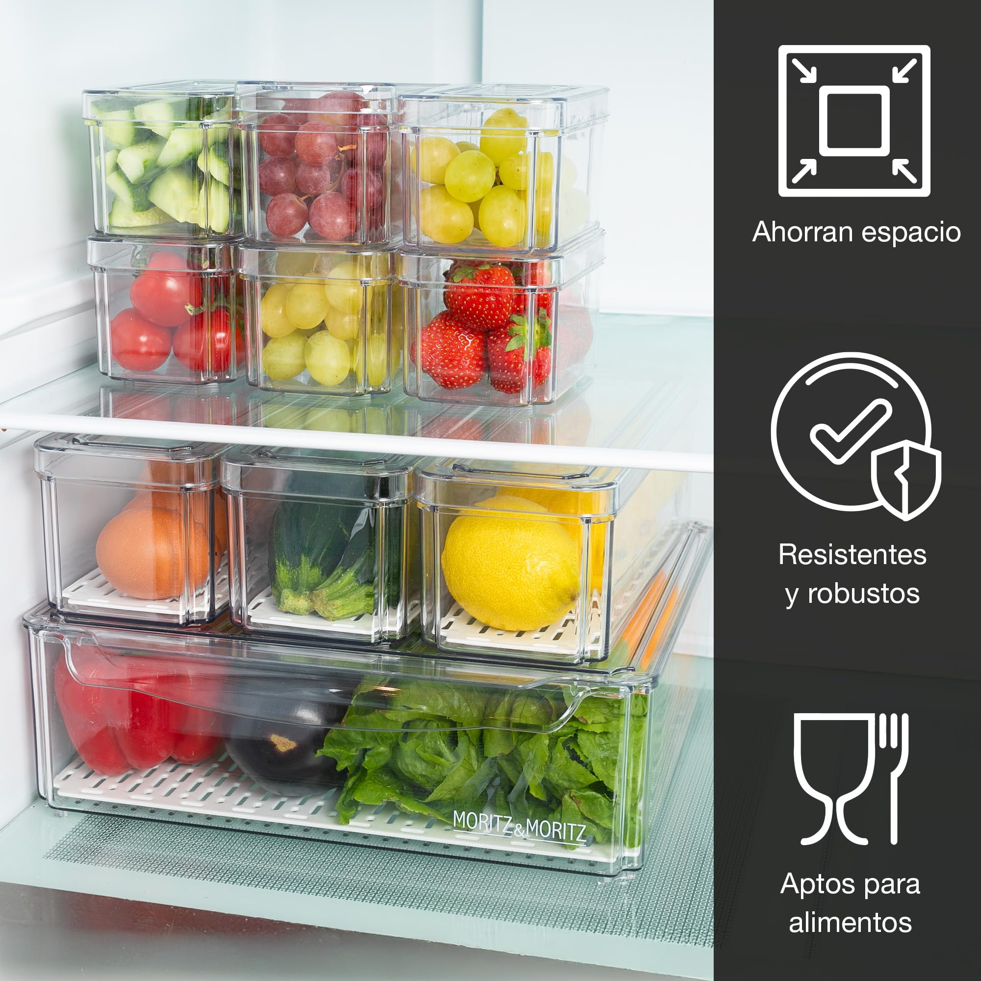Moritz & Moritz Juego de 10 organizadores para frigorífico con tapa, apilables, transparentes, resistentes, para cocina, armario o cajón