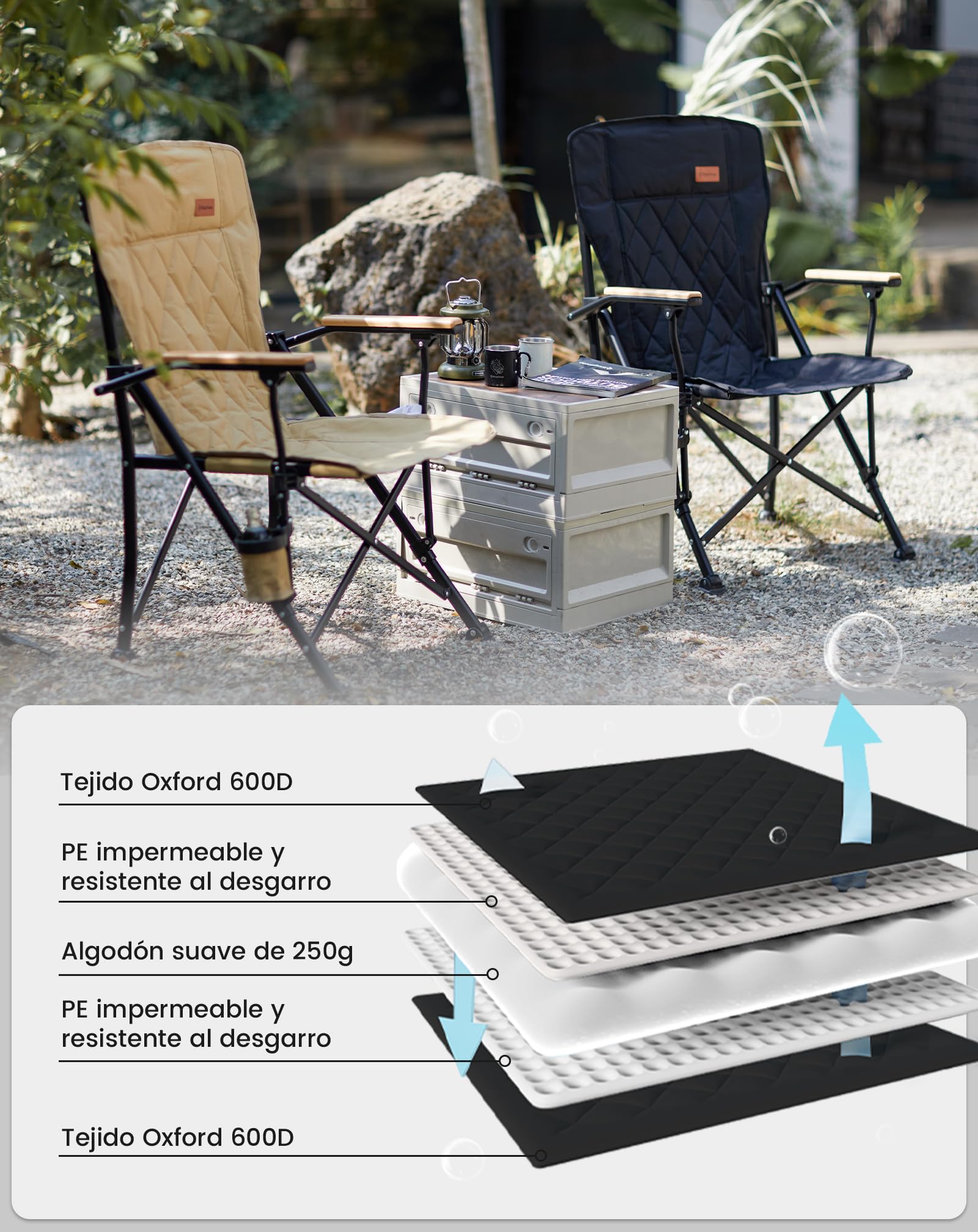 KingCamp Silla de Camping Plegable 136kg, Respaldo Alto, Acolchada | XXL Silla Plegable, con Brazos de Madera, Doble Acolchado, Portavasos, Bolsa de Transporte, para Camping, Jardín y Pesca.