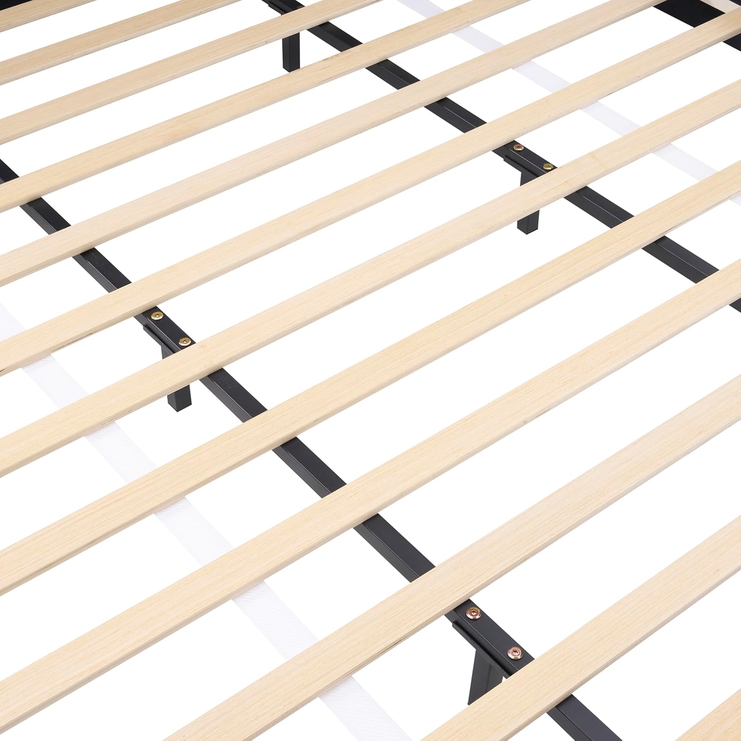 Details of the bed frame including anti-collision design, foam padding, and cylindrical legs