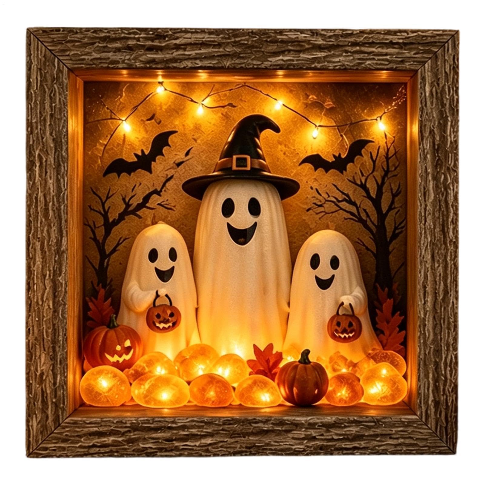 Scatola dei ricordi fai da te per Halloween, fatta a mano, decorazione rustica per Halloween | Cornice fantasma illuminata con pietra di vetro marino per interni: caminetto, scrivania, esposizione per feste
